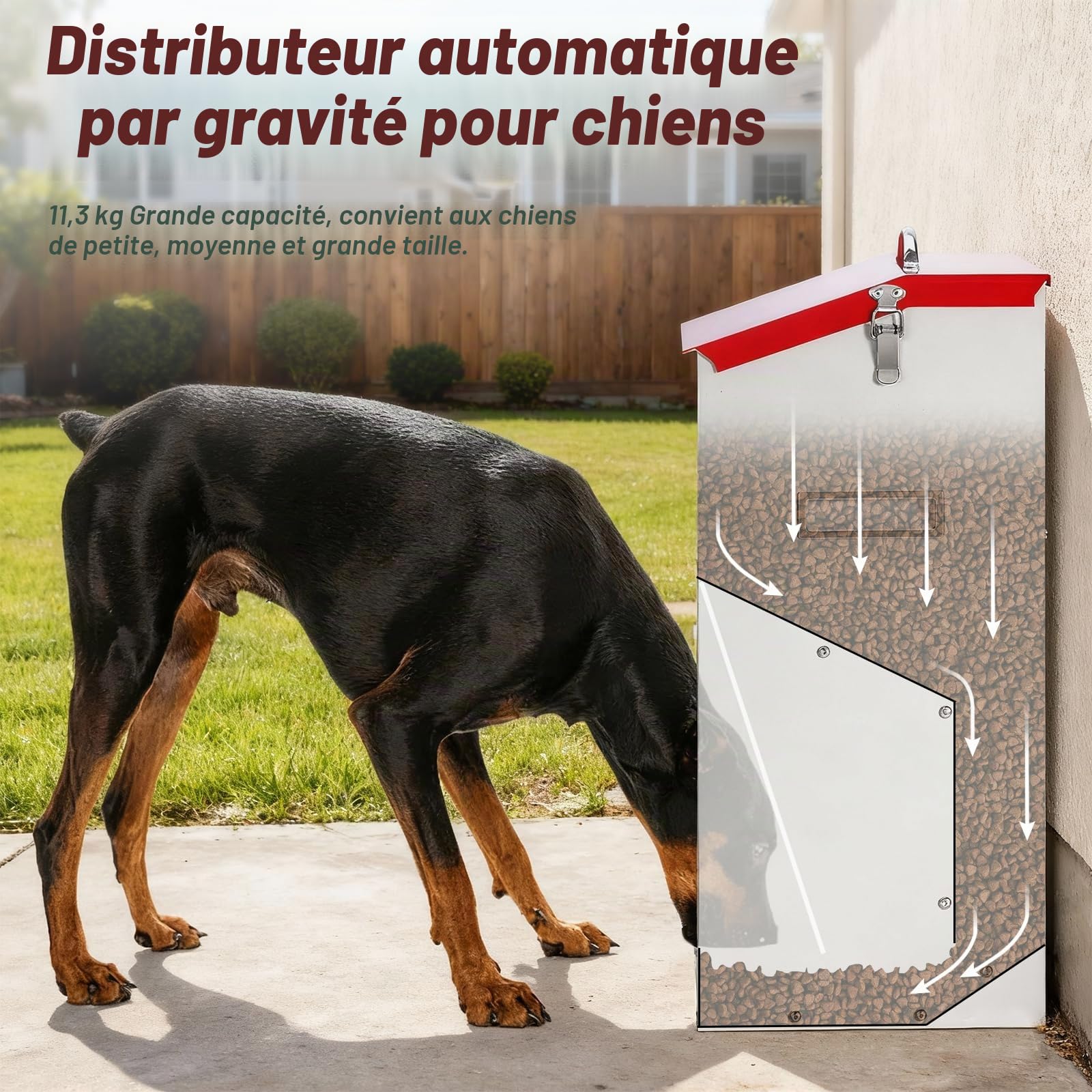 Distributeur Croquettes Chien Automatique, Mangeoire Gravity pour Grand Chien Capacité 11 Kg, Couvercle Protecteur, Idéale Intérieur et Extérieur