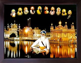Baba deep singh with other ten sikh guru's outside Amritsar temple , A Night view, A Sikh Religious painting poster with frame for Sikh family home / office / Gift Purpose / Sikh Religious / Gurudwar