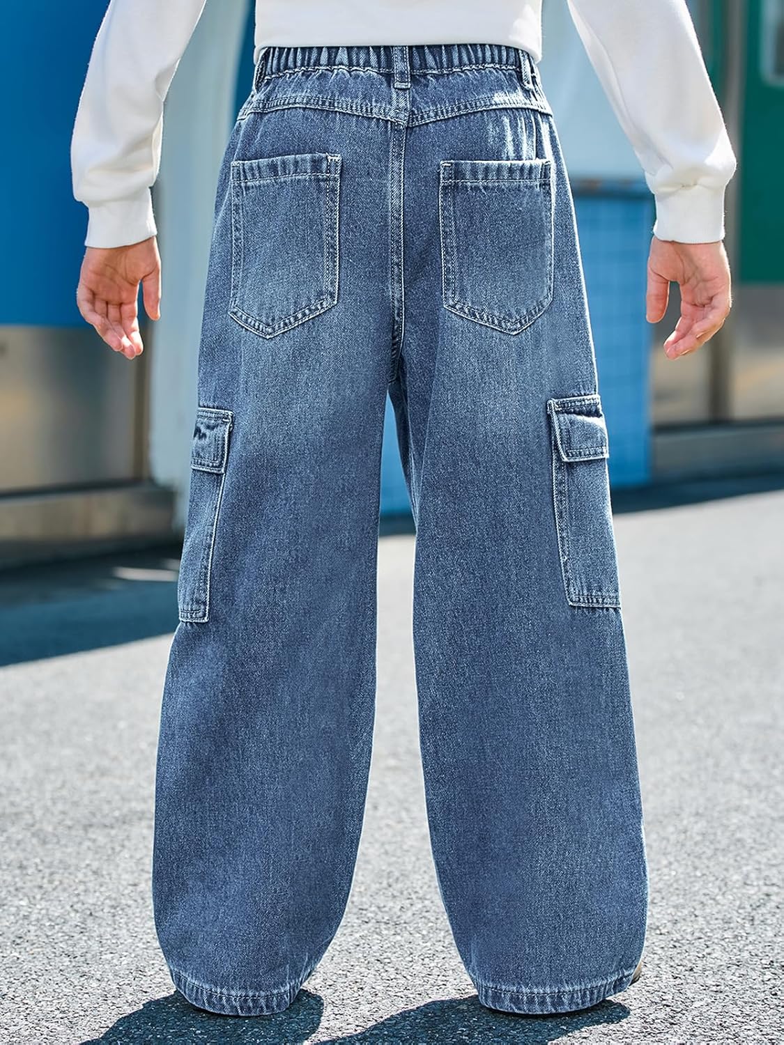 Haloumoning Boys Cargo Jeans Kids Baggy Elastic Waist Wide Leg Denim Pants with Pockets 5-14 Years - Image 4