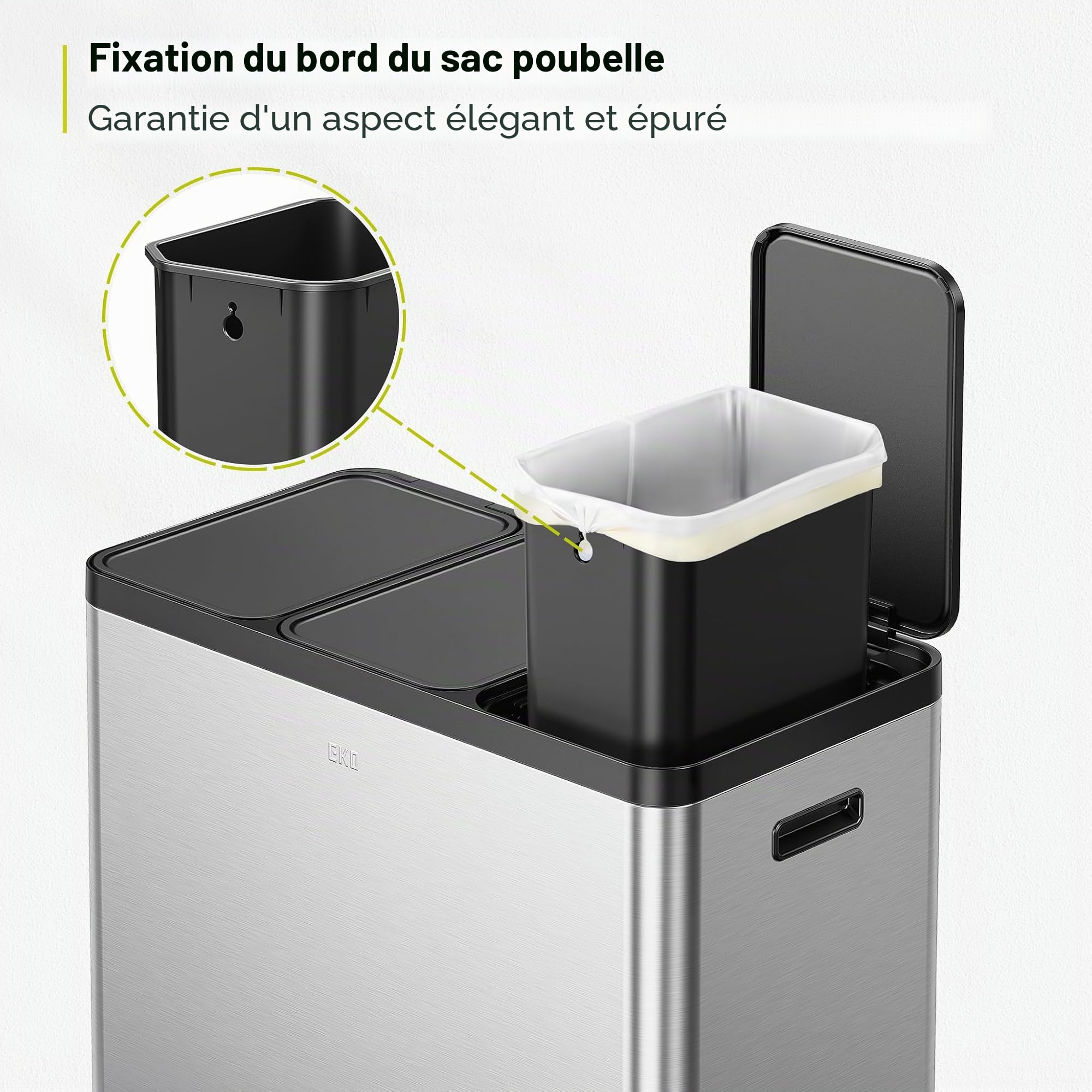 EKO Essential Poubelle à 3 compartiments, 3 x 20 l, système de tri sélectif, poubelle de cuisine, avec 20 sacs poubelles, grande capacité avec couvercle, fermeture douce et hermétique, en acier