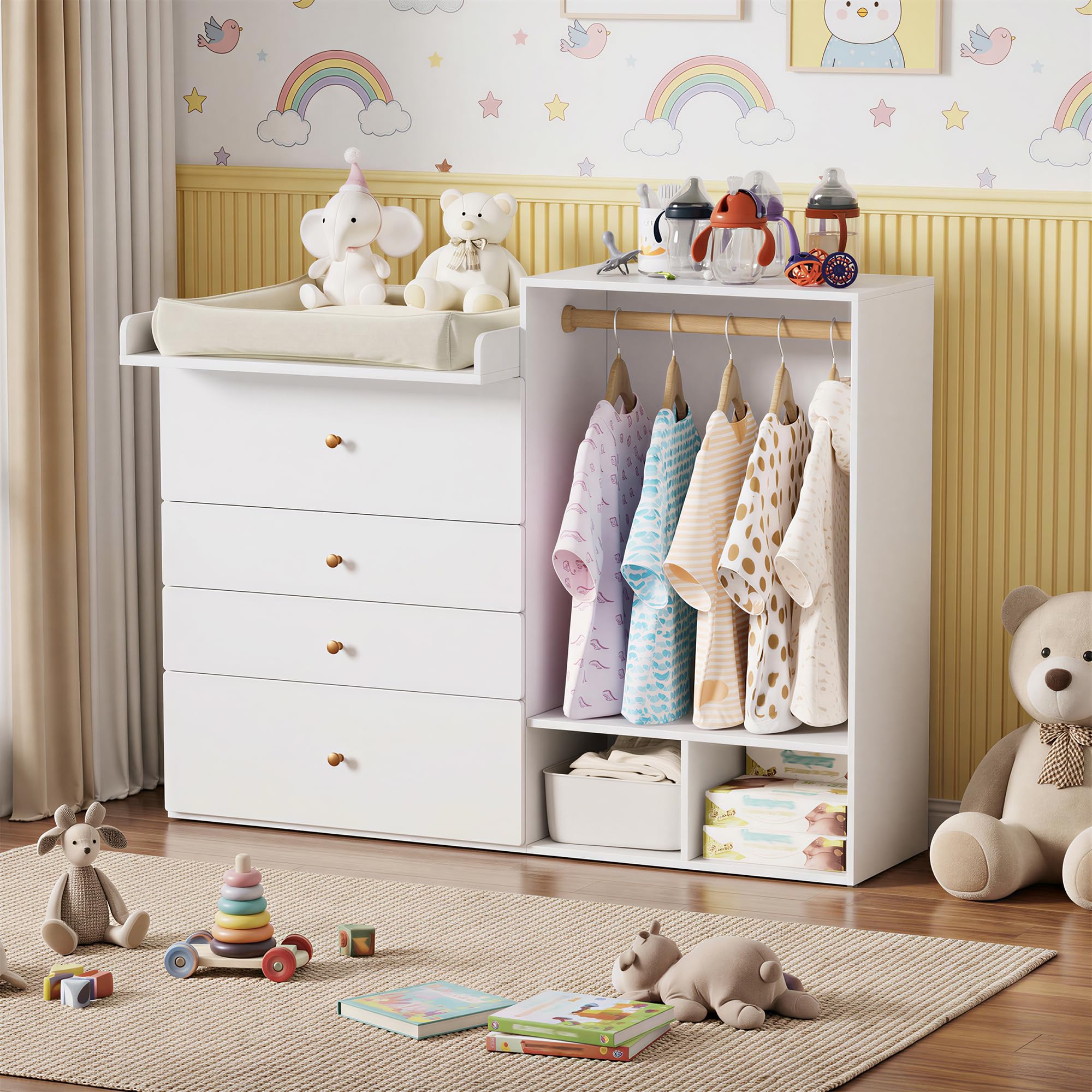 MSFE Cambiador Bebe con 4 Cajones, área para colgar ropa, Mueble Cambiador bebe, Cómoda cambiadors, Estantes laterales,No incluye cojín de mesa, 150x112x38cm, fino a 100KG, Dos paquetes