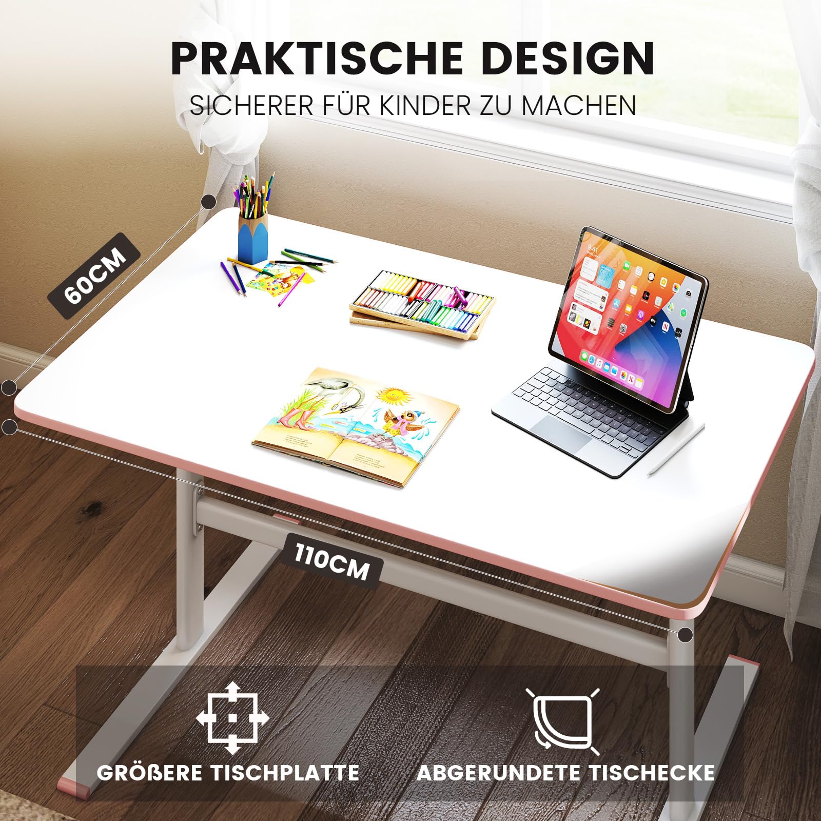 JOYLDIAS Kinderschreibtisch höhenverstellbar 110×60 cm, Rosa | Tischplatte mit Kurbel, blendfreie Oberfläche, Einklemmschutz, abgerundete Ecken