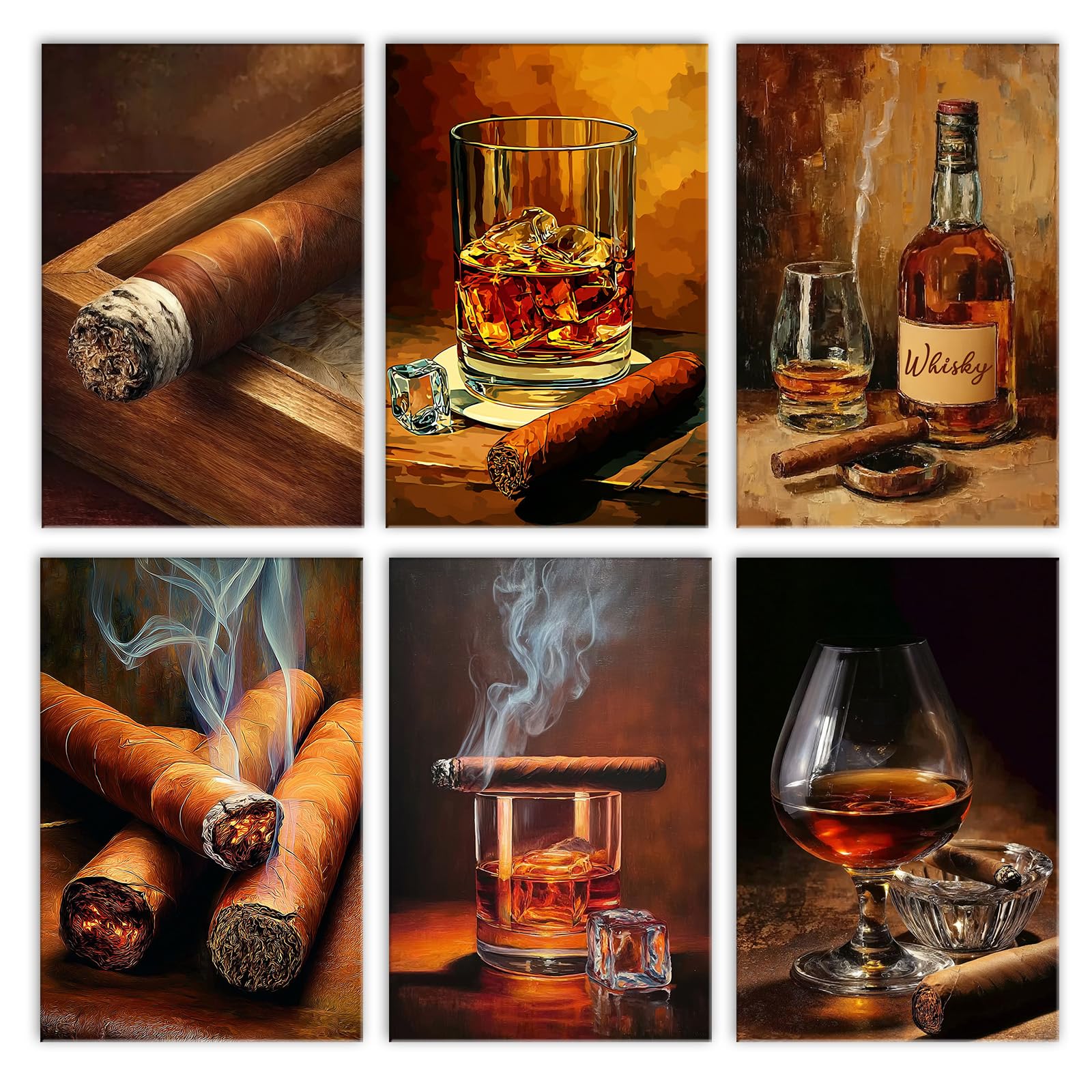 Aihonmin Whiskey Cigars 6 Pack Paint by Numbers for Adults Beginner Cigarillo Whisky Oil Painting Kits on Canvas with Brushes Acrylic Painting DIY Paintwork Home Decor Gifts 8x11.8 Inch (Frameless)
