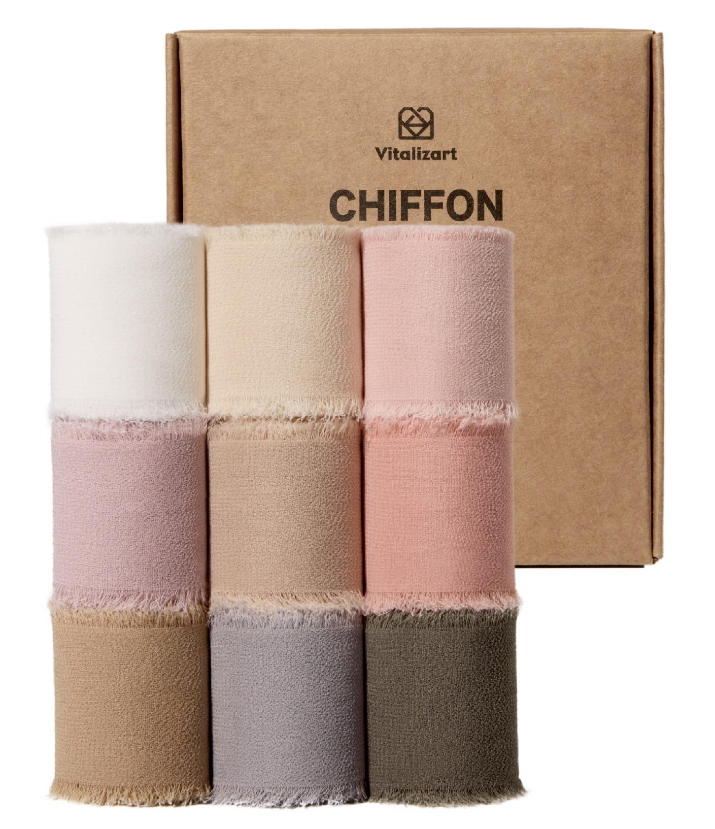 Vitalizart Chiffon Ribbon Handmade Fringe 9 Colours, 1.5" x 27 Yd Frayed Edges Silky Ribbons for Wedding Invitations Bridal Bouquets Gifts Wrapping Crafts Holiday Party Decorations