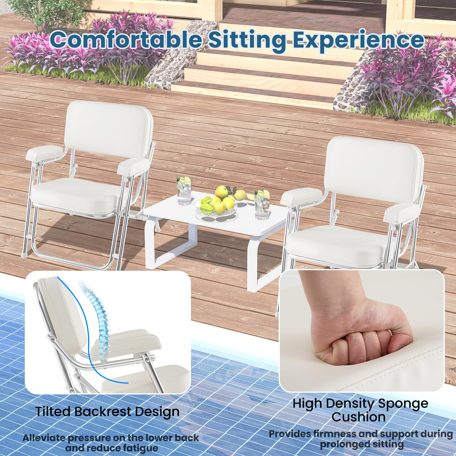 HOMASIS Sedia da Barca Pieghevole per Imbarcazioni, Sedile Timone Portatile con Schienale Ergonomico, Struttura in Alluminio, per Yacht e Campeggio, Carico 150 kg, 66,5 x 65 x 78 cm, Bianco
