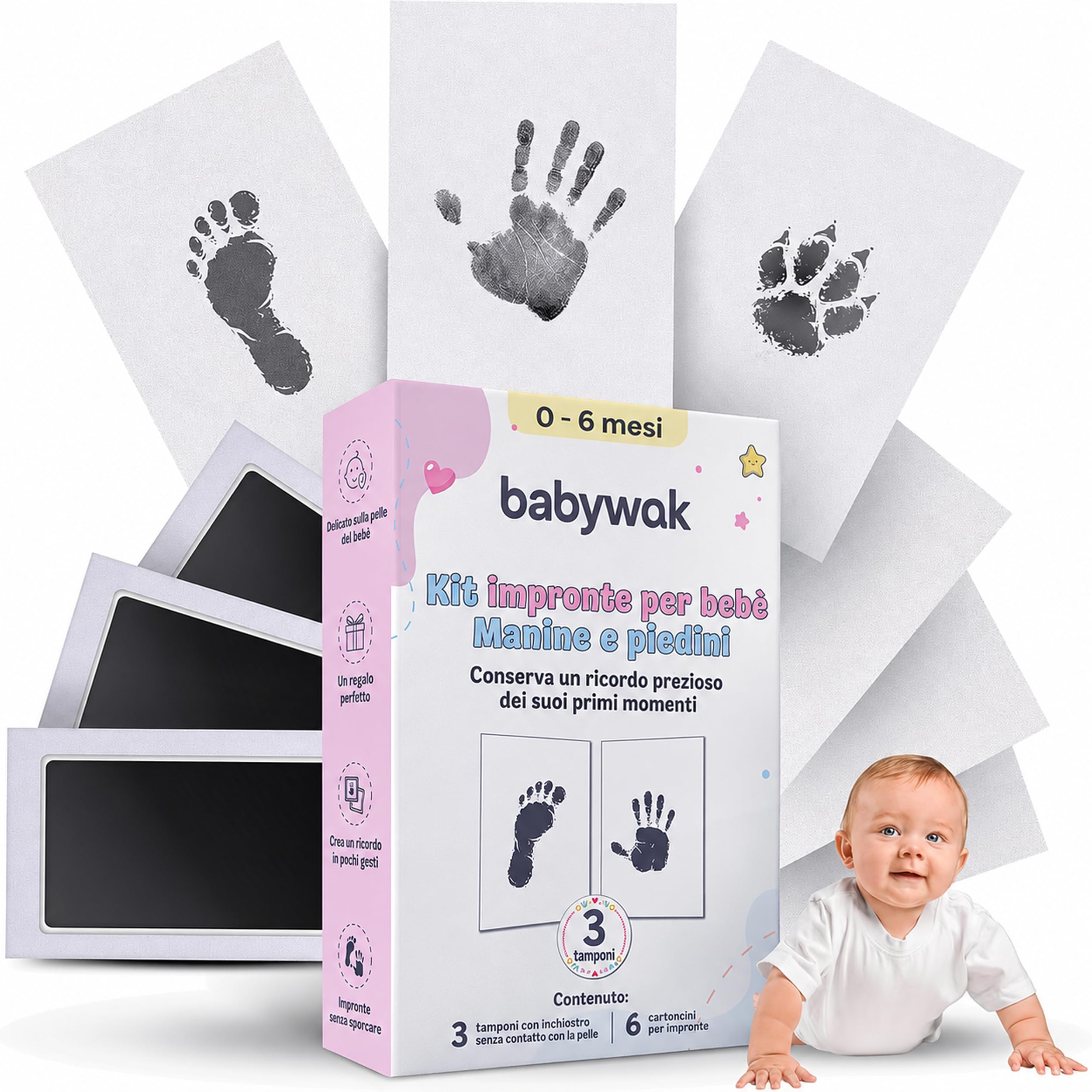 Kit Impronte Neonato Mani e Piedi, Inchiostro Senza Contatto | 3 Tamponi e 6 Fogli, Idea Regalo Nascita e Battesimo Bimbo Bimba, Anche per Impronta Zampa Cane e Gatto