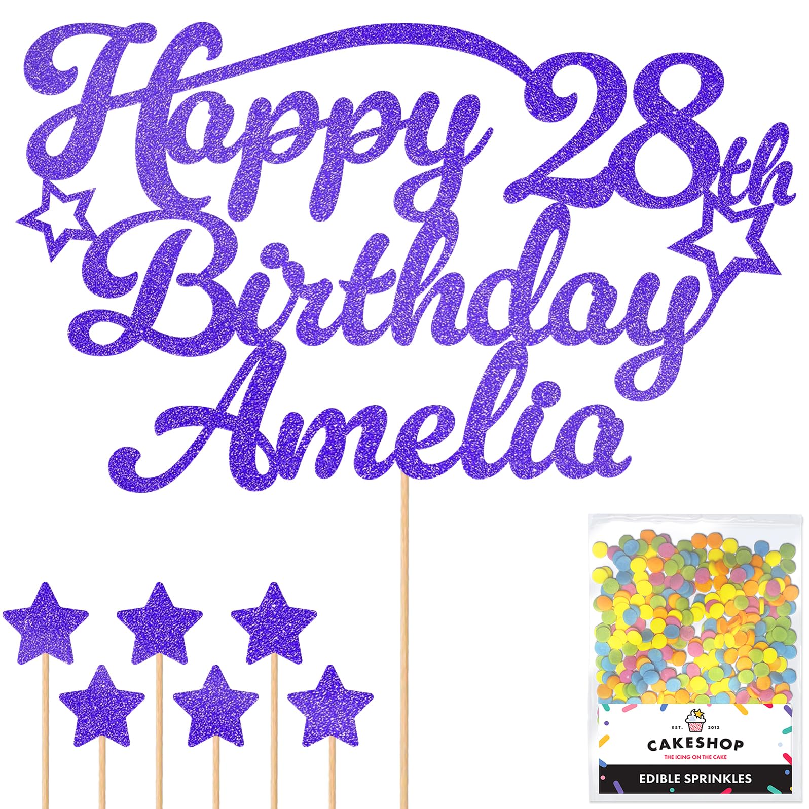 Personalised Happy Birthday Glitter Cake Topper with Stars - Blue Any Name & Any Age Glitter Cake Decoration and Sprinkles - Happy Birthday Decorations - Personalised Toppers for Cakes by Cakeshop
