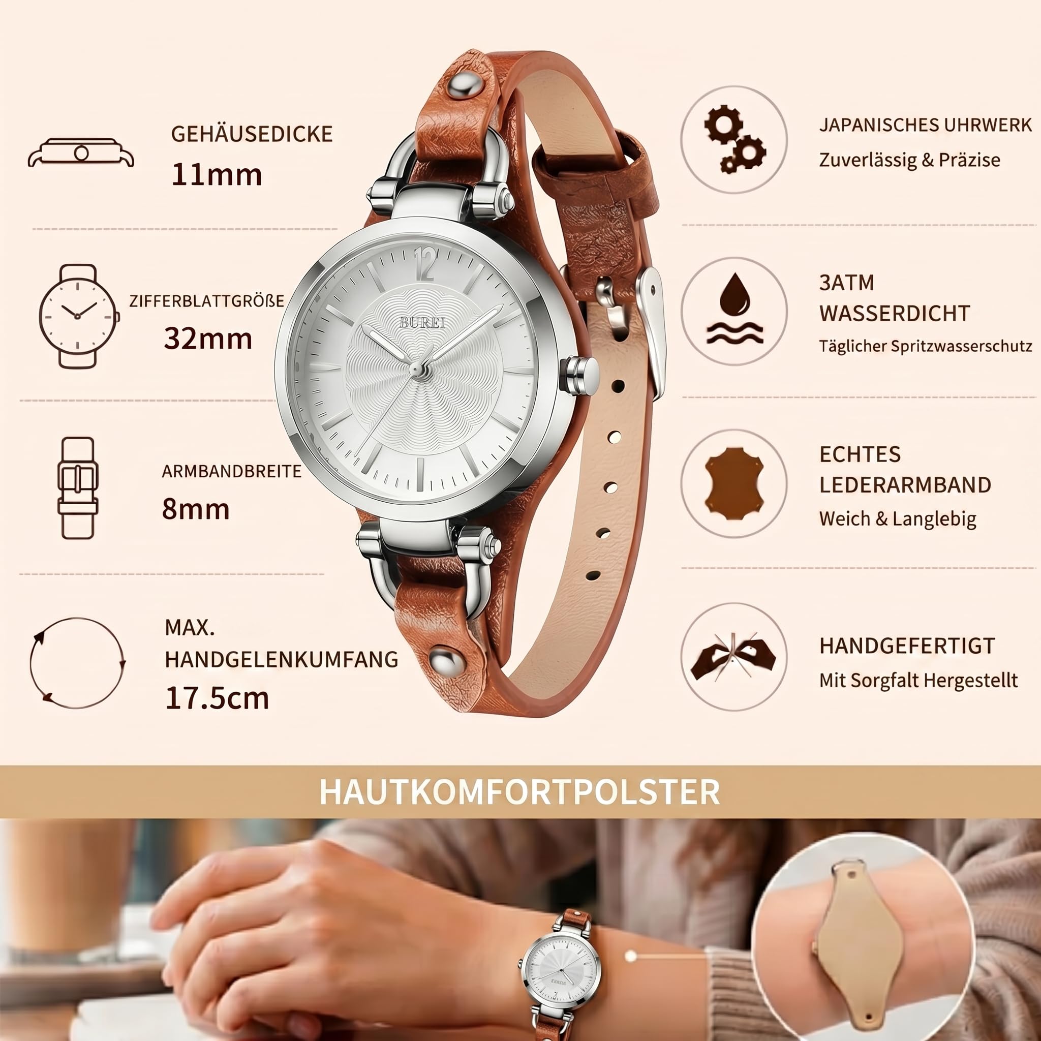 BUREI Damenuhren – Armbanduhr Damen mit Handgemachtem Echtleder & Schmalem Band – Damenuhr Lederarmband für Arbeit & Freizeit – Als Geschenk