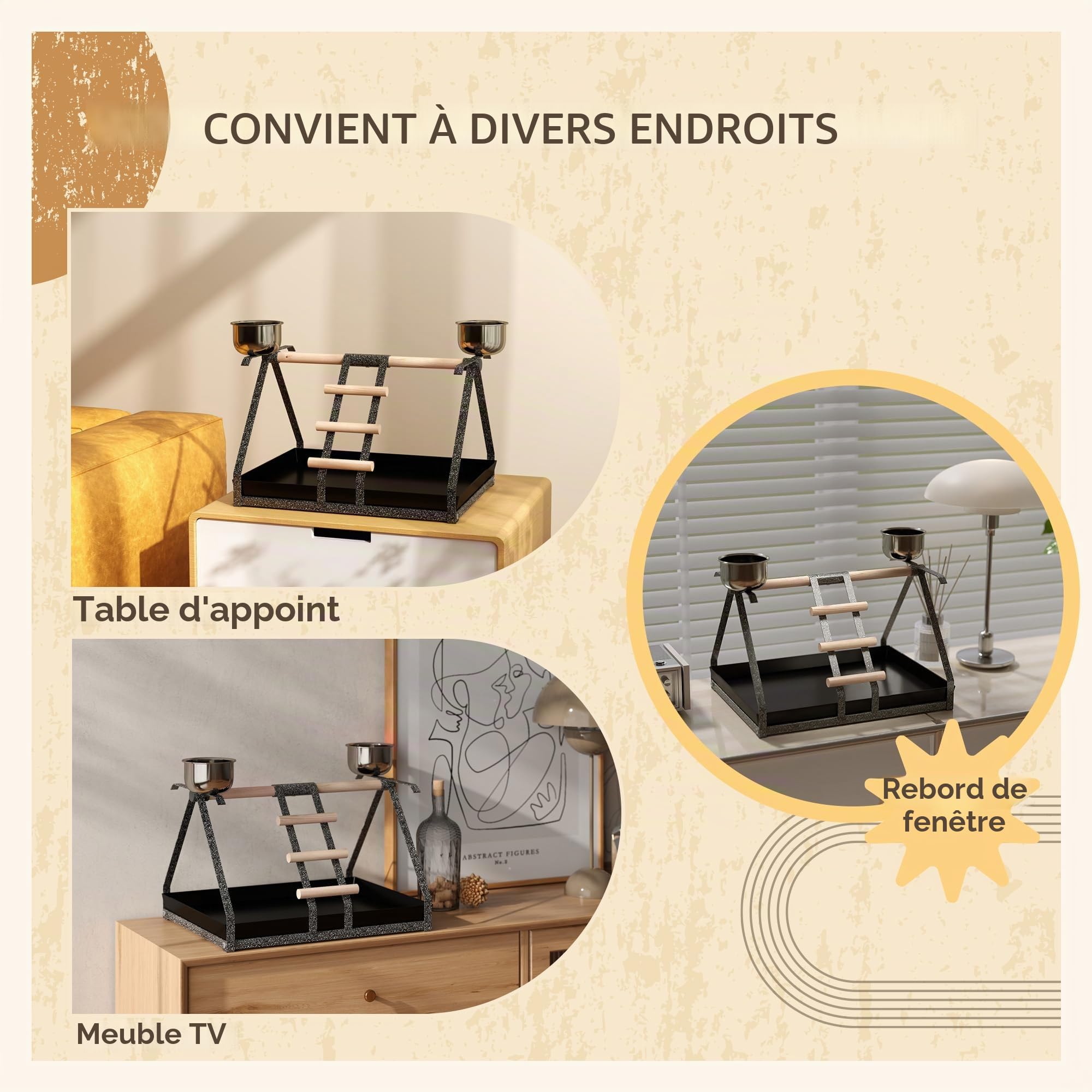 PawHut Support perroquet, perchoir bois, échelle, mangeoire, bac amovible