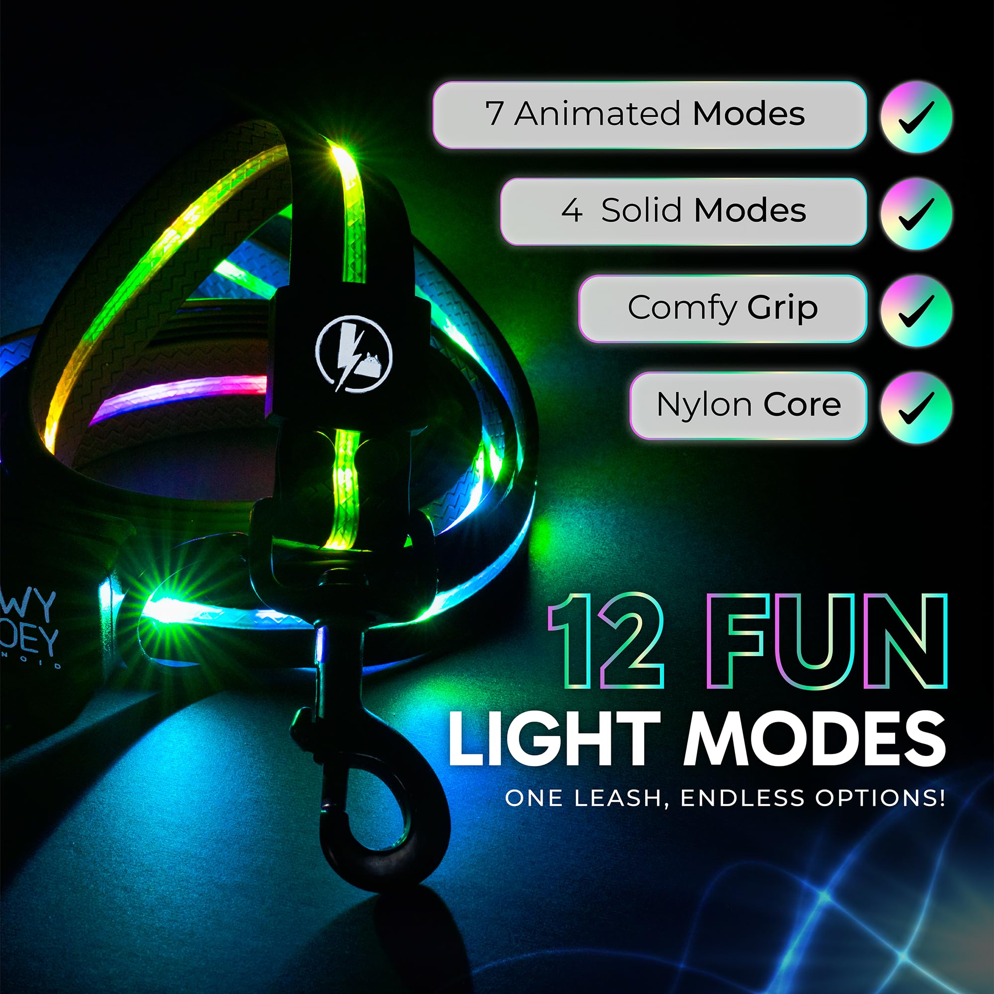 Luminoid LED-Hundeleine, wiederaufladbar über USB, RGB-Farbwechsel, beleuchtete Hundeleine, Hundeleinen machen das Haustier sichtbar und sicher für nächtliche Spaziergänge, 12 animierte Effekte,