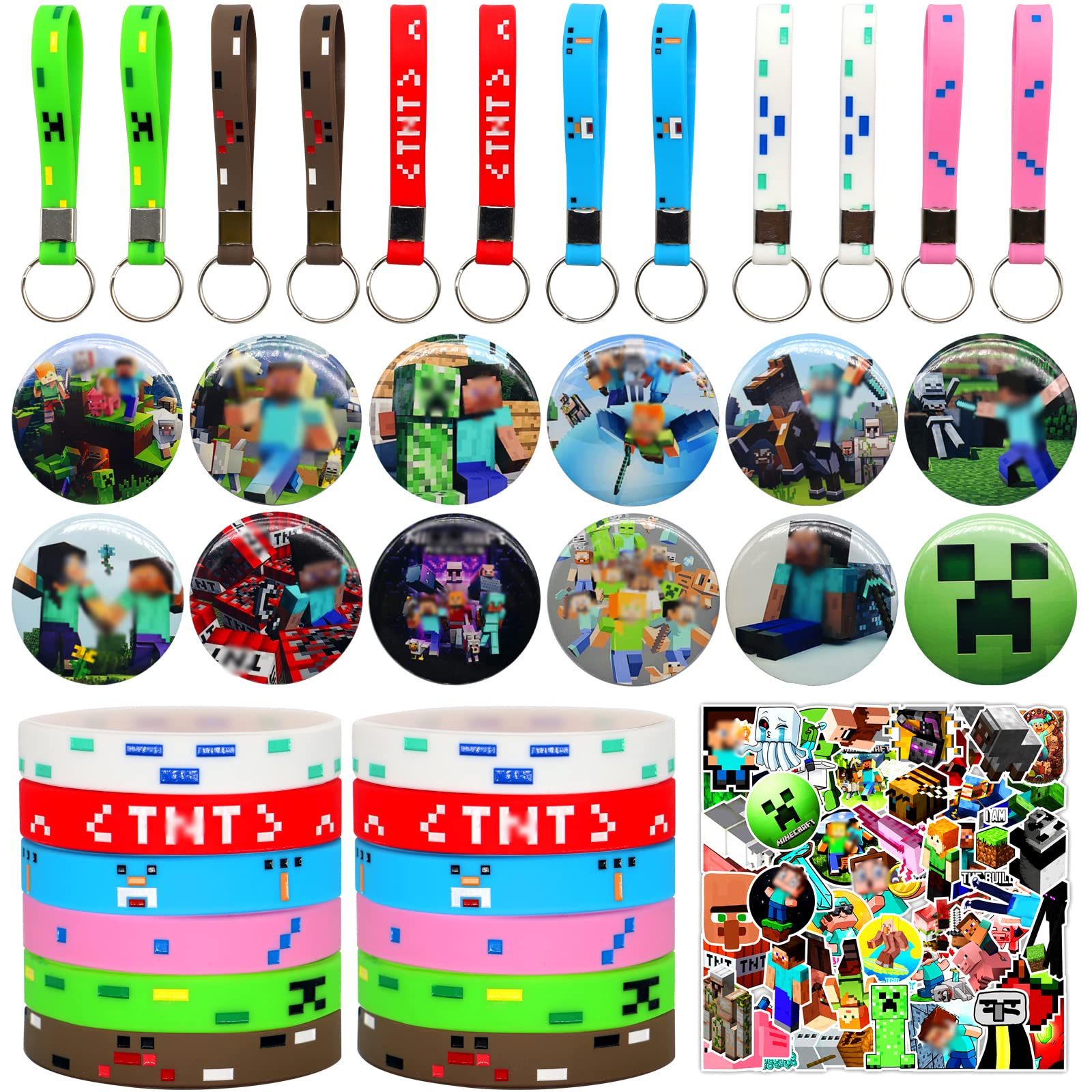 86 PCS Mining Theme Video Game Party Favors Gift Set for Kids Boys, Mining Style Birthday Party Supplies Party Decorations, Include 12 Key Chains, 12 Bracelets, 12 Button Pins, 50 Stickers
