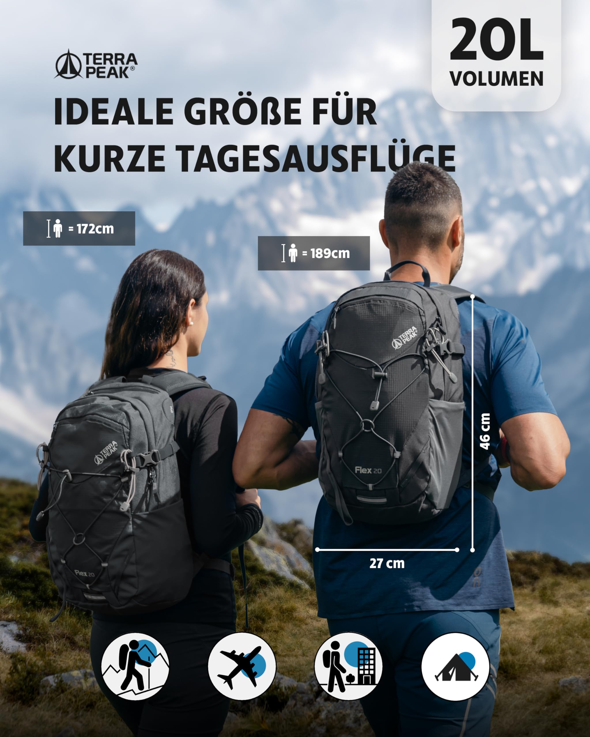 Terra Peak® Premium Wanderrucksack 20L (FLEX 20) klein mit Rückenbelüftung, Regenschutz & Trinksystem-Halterung - Ergonomischer Outdoor Trekkingrucksack aus 3D Air Mesh Polyester & Hüftgurt