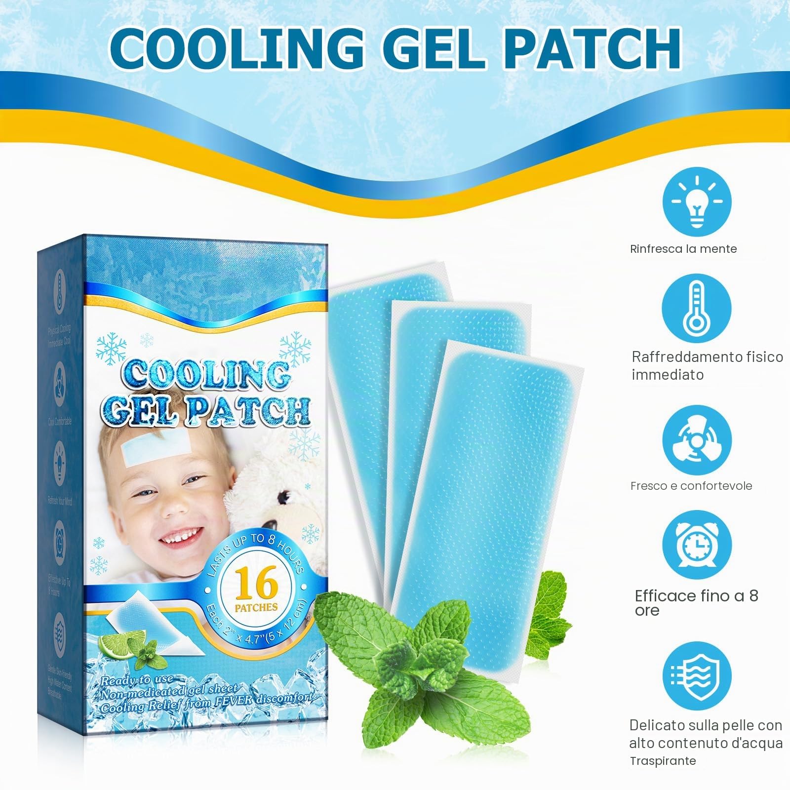 16 Fogli Di Toppa Rinfrescante Per Bambini E Adulti In Silicone Per Febbre, Emicrania E Calore Estivo, Blu