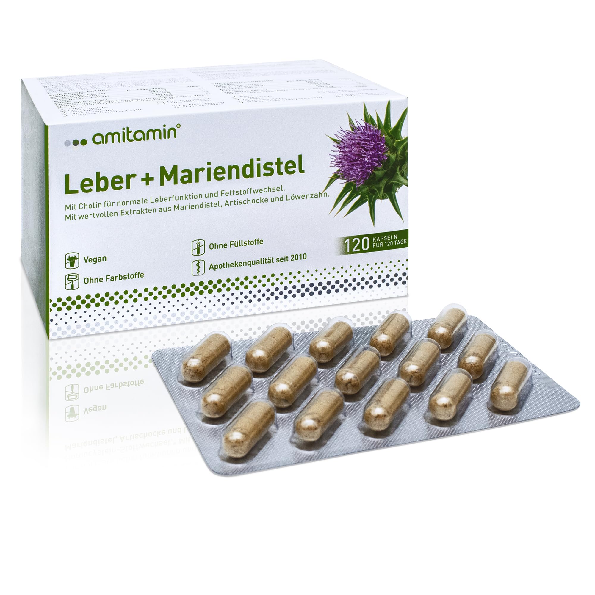 amitamin Leber + Mariendistel Komplex | Kapseln hochdosiert | Artischocke, Löwenzahn plus Cholin für den Stoffwechsel | 120 Kapseln - 4 Monate | Silymaringehalt 80% | deutsche Herstellung | vegan
