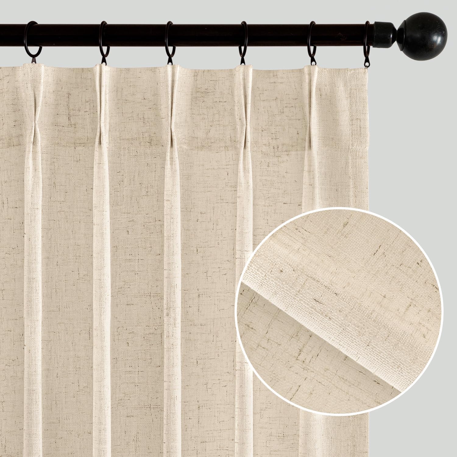 miulee pinch pleated linen curtains 90 inches long 2 panels for bedroom living room, soft thick linen textured window drapes back tab hooks semi sheer light filtering farmhouse?oatmeal 40"w x 90"l (pack of 2) oatmeal