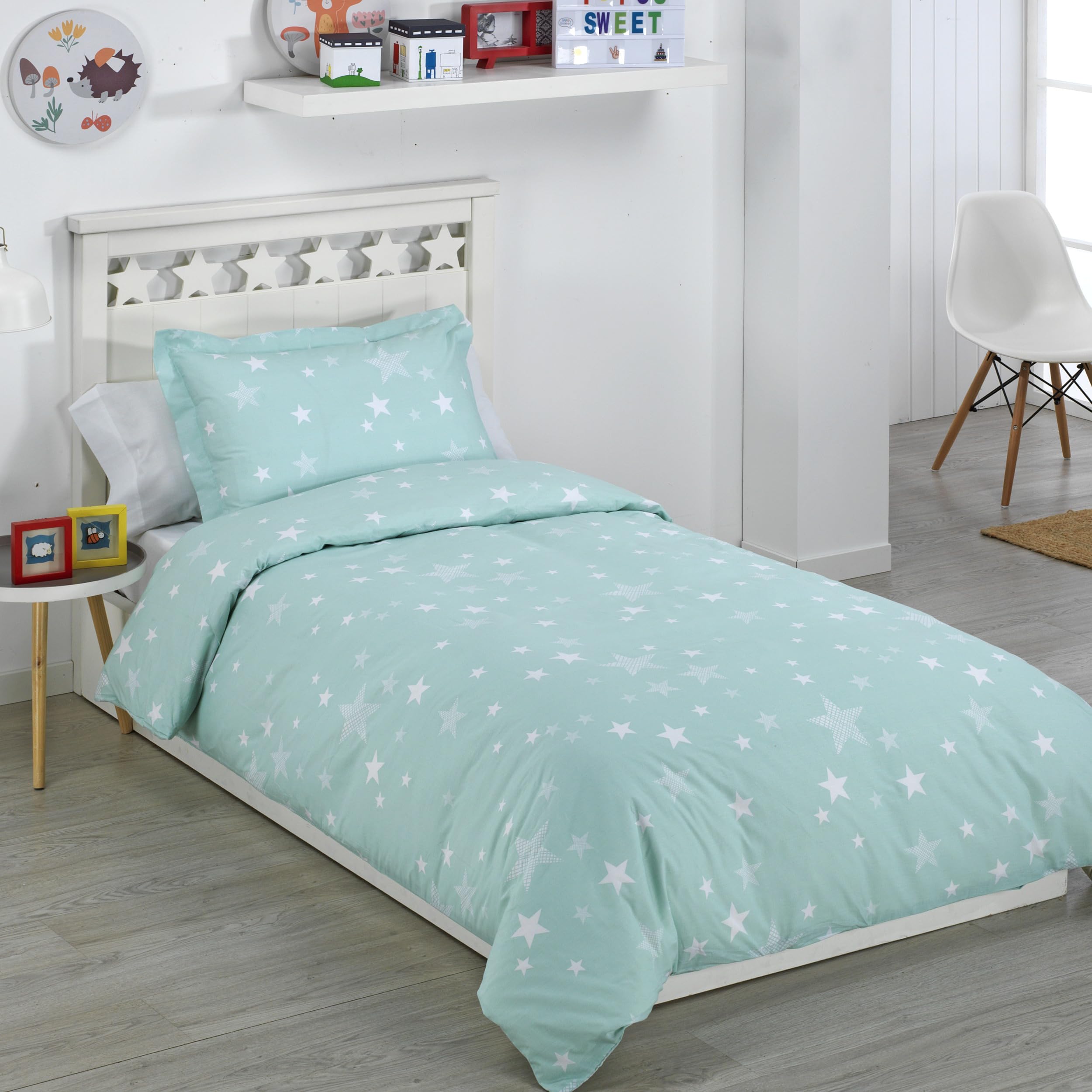 DHESTIA HOME - Funda Nórdica Cama Infantil Stars - Color Agua, Talla Cama 105