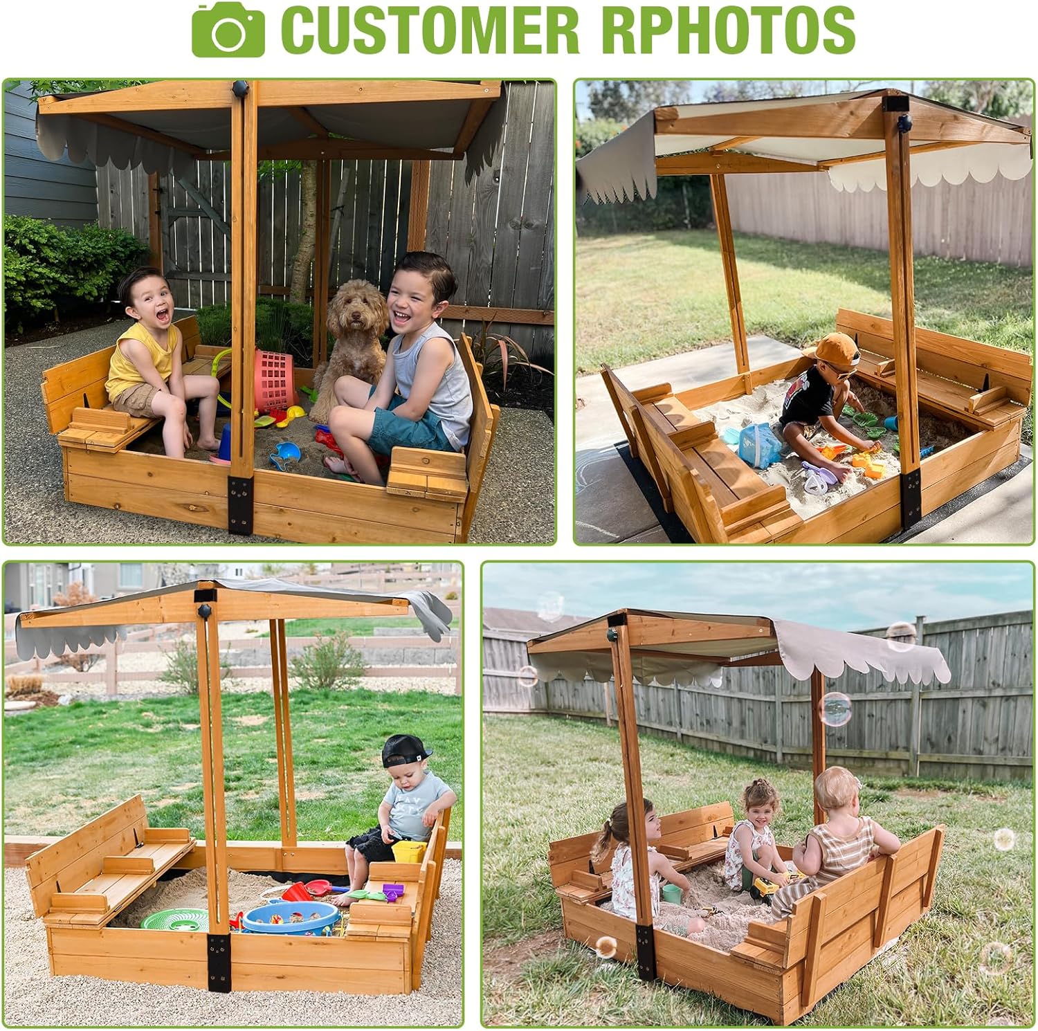 Sandbox with Lid Wooden Kids Sand Box for Backyard with Canopy and Foldable Bench Seats,UV-Resistant,Adjustable Height Roof