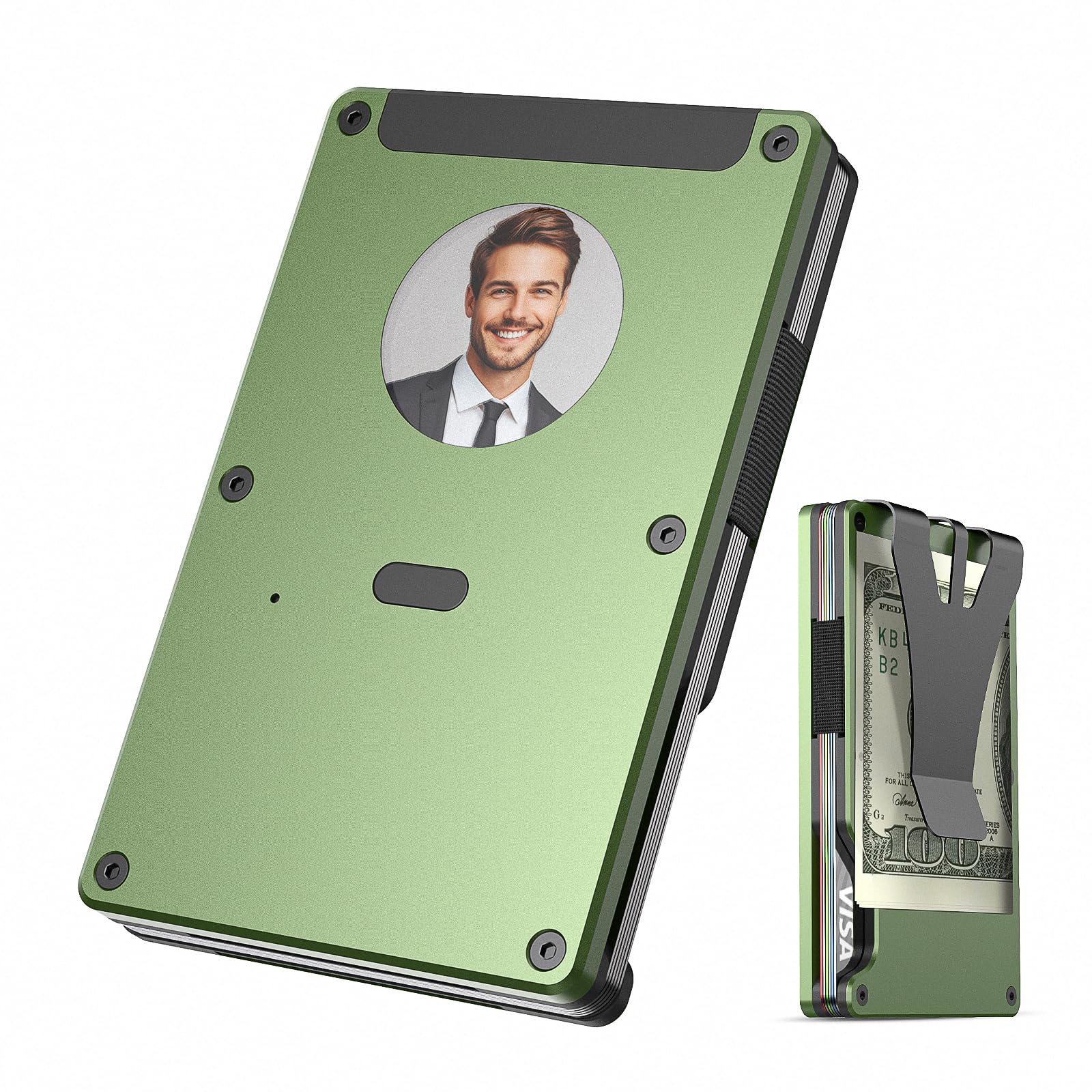 Card holder for men, Minimalistic Aluminum Trackable Wallet (IOS Only) with Customized Electronic photo/Text information, Slim RFID Credit Card Holder