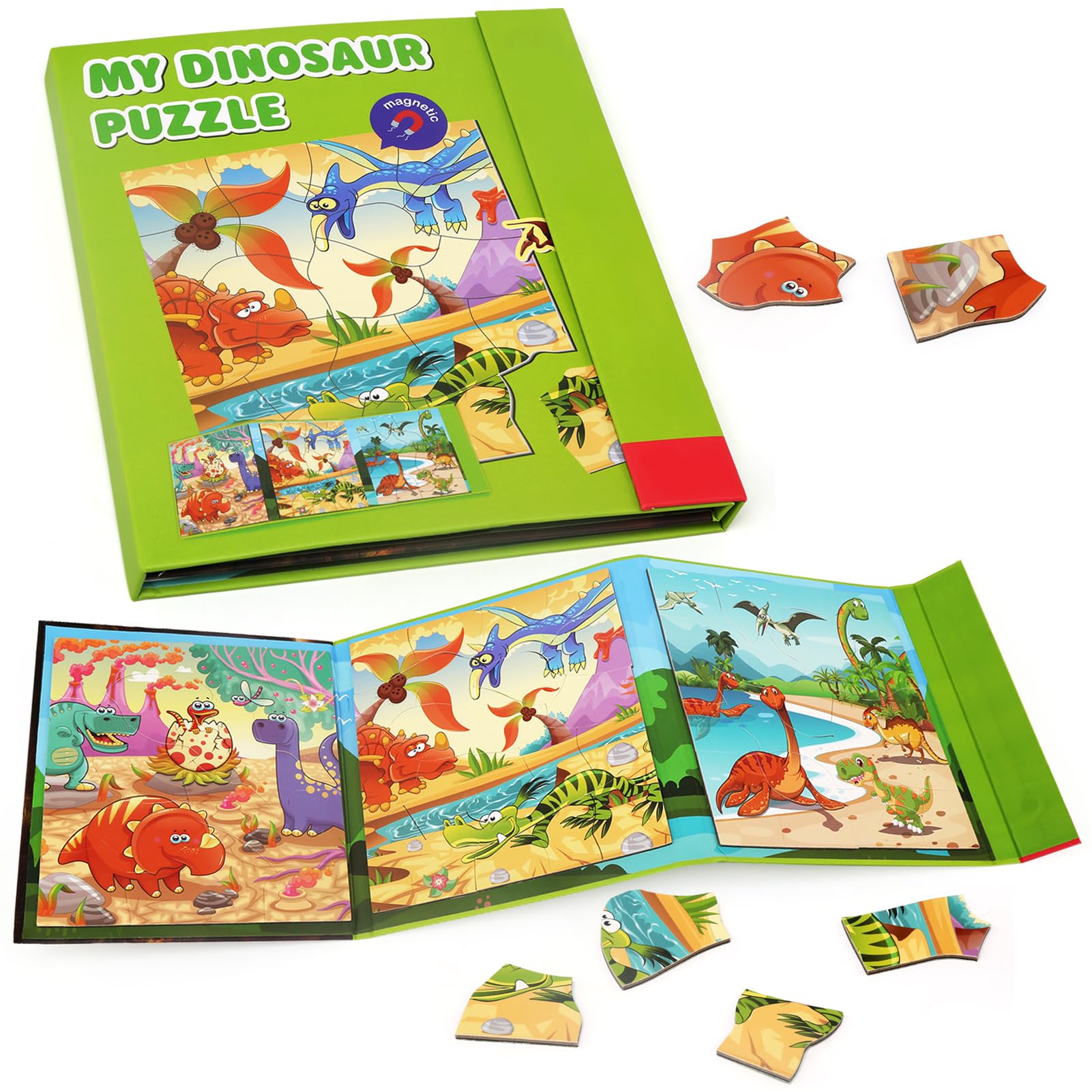 JoyLife Puzzle Magnetico 4 en 1 para Niños 3 4 5 6 Años,17 21 24 Piezas, para Niños a Partir de 3 Años Puzzle,Puzzle Viajar Dinosaurios, Juguetes Montessori 3-6 Años, Regalo Rompecabezas Niños