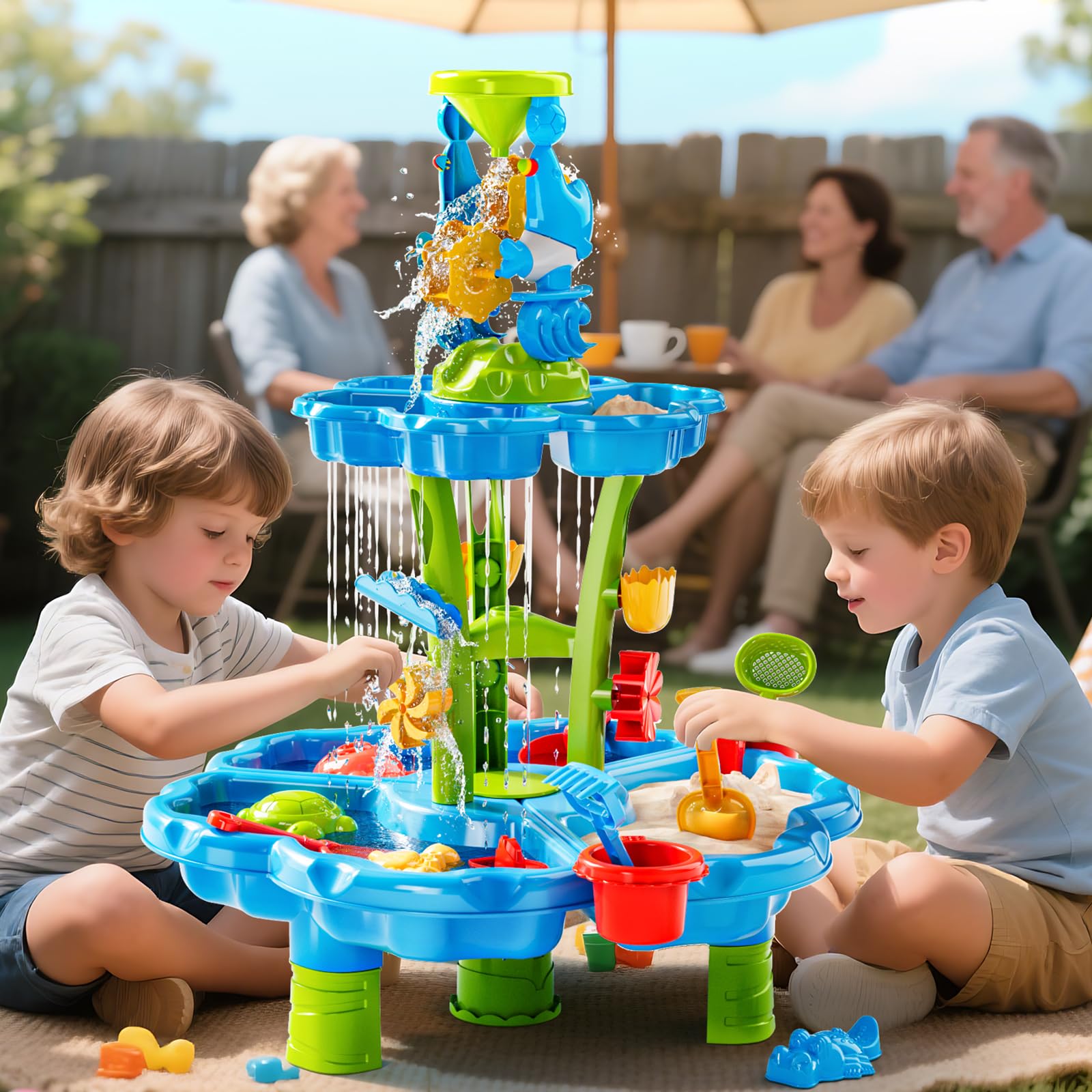 2-stufiger Blumen Sand- & Wassertisch für Kleinkinder 3-5 Jahre, Sensorik-Spieltisch für Kinder, Sommer Strand Planschspielzeug für Garten Hof, Wasser Sandkasten Spielset