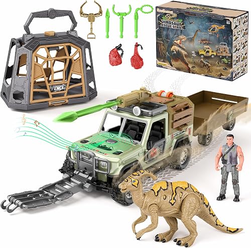 EKU Dinosaur Toys Truck with 10 Sounds, Cage, Transport Trailer, Interactive Parasaurolophus, 15ft Launch, Tow Hook, Human, Christmas Birthday Gifts for Jurassic World Dino Capture Rescue Kids 3+