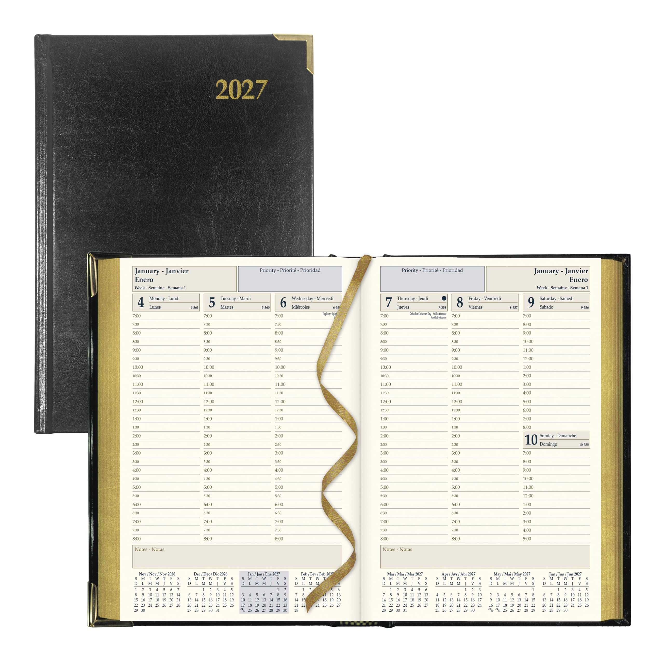 Brownline® 2027 Executive Wochenplaner Terminkalender Terminkalender 12 Monate Januar bis Dezember genähte Bindung 20,8 x 14,3 cm schwarz dreisprachig (CBE507)