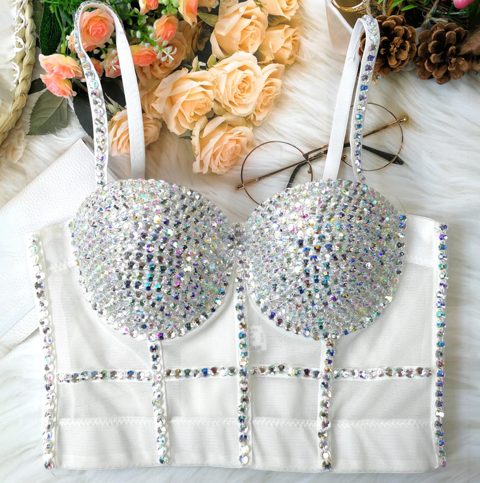 Top Corto Bustier da Donna con Catena In Strass Lucido e Cinturini Staccabili