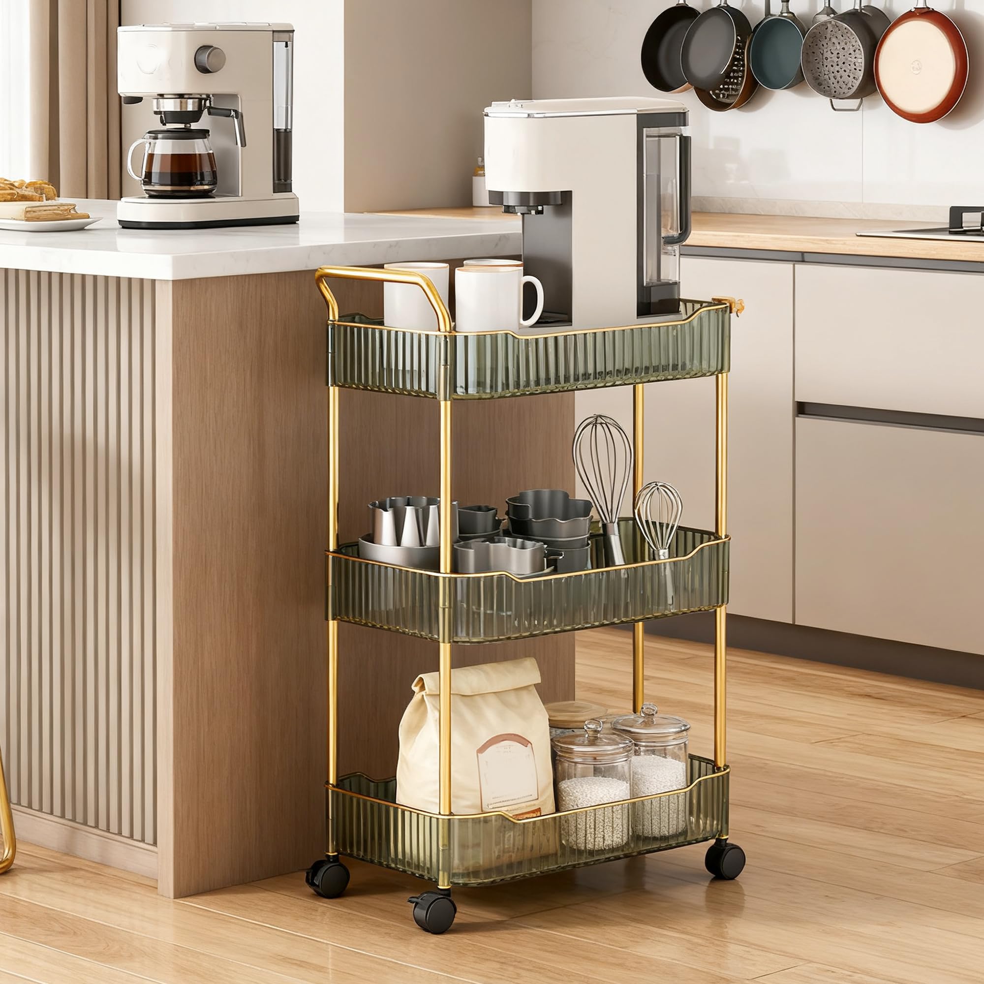 Green Beauty Trolley on Wheels Acrylic Storage Cart for Bathroom Salon