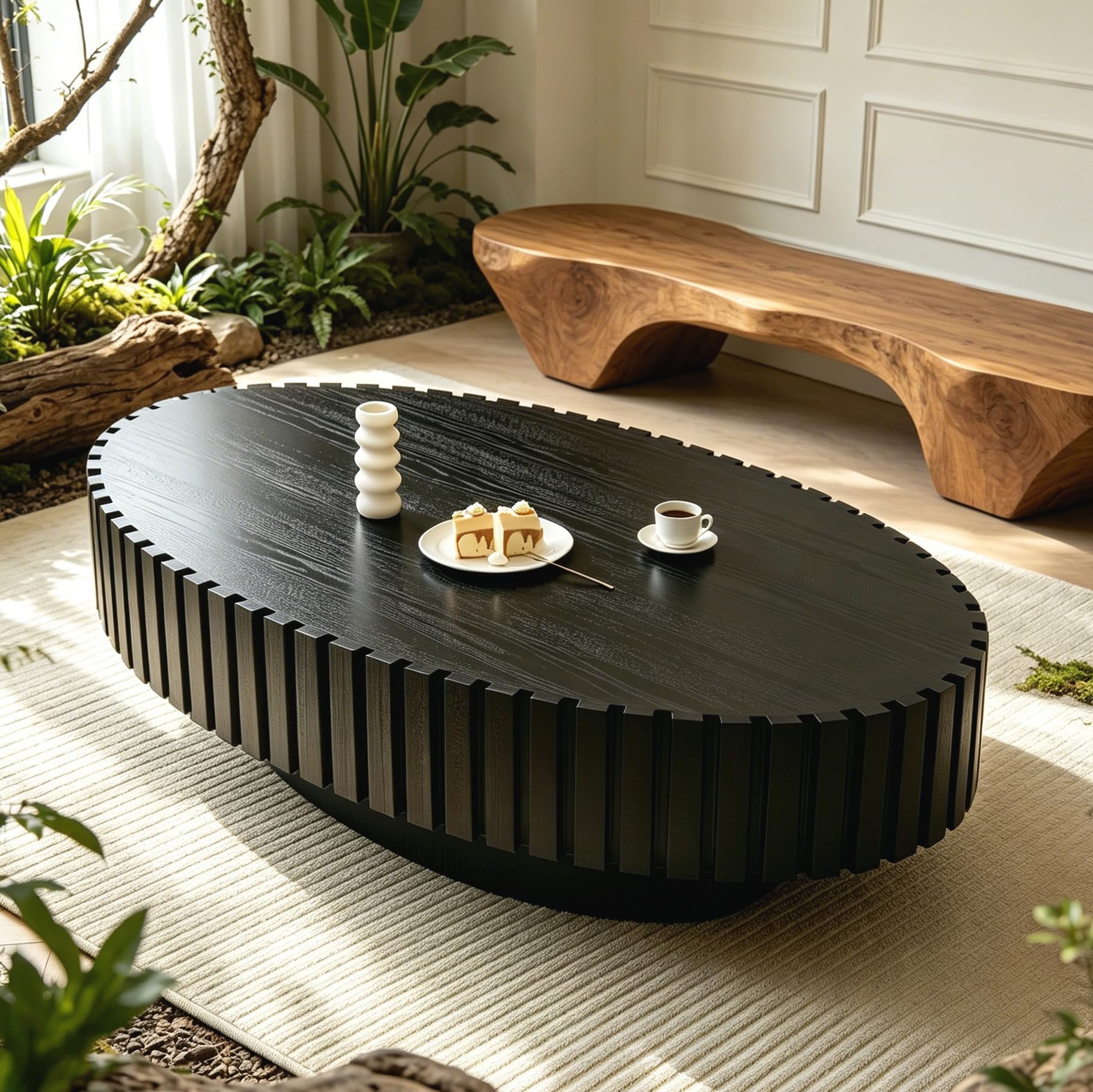 TYONGCOFF Large Oval Wood Coffee Table, Modern Fluted Center Table
