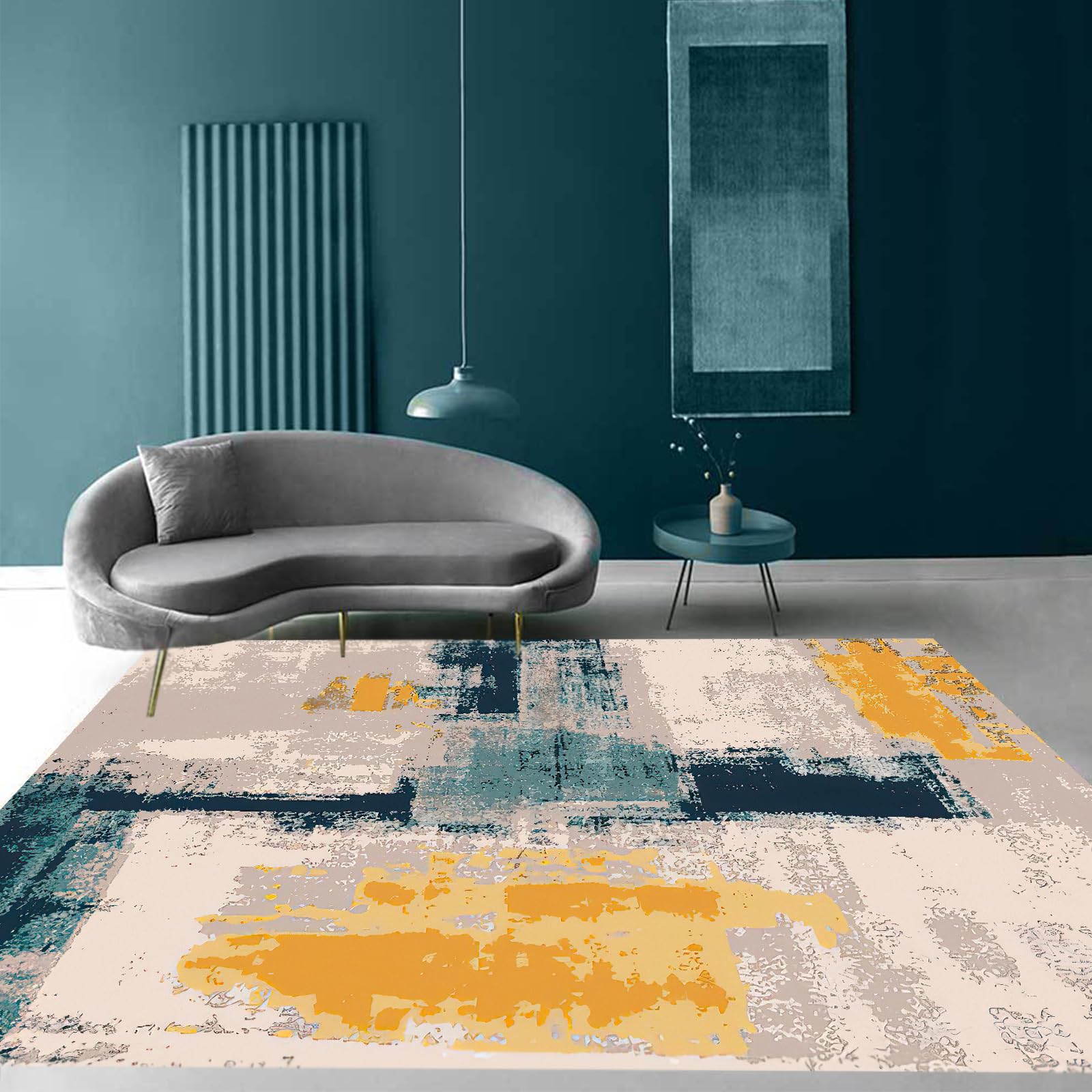Tapis de salon Art déco doux aux couleurs bleu jaune orange et gris