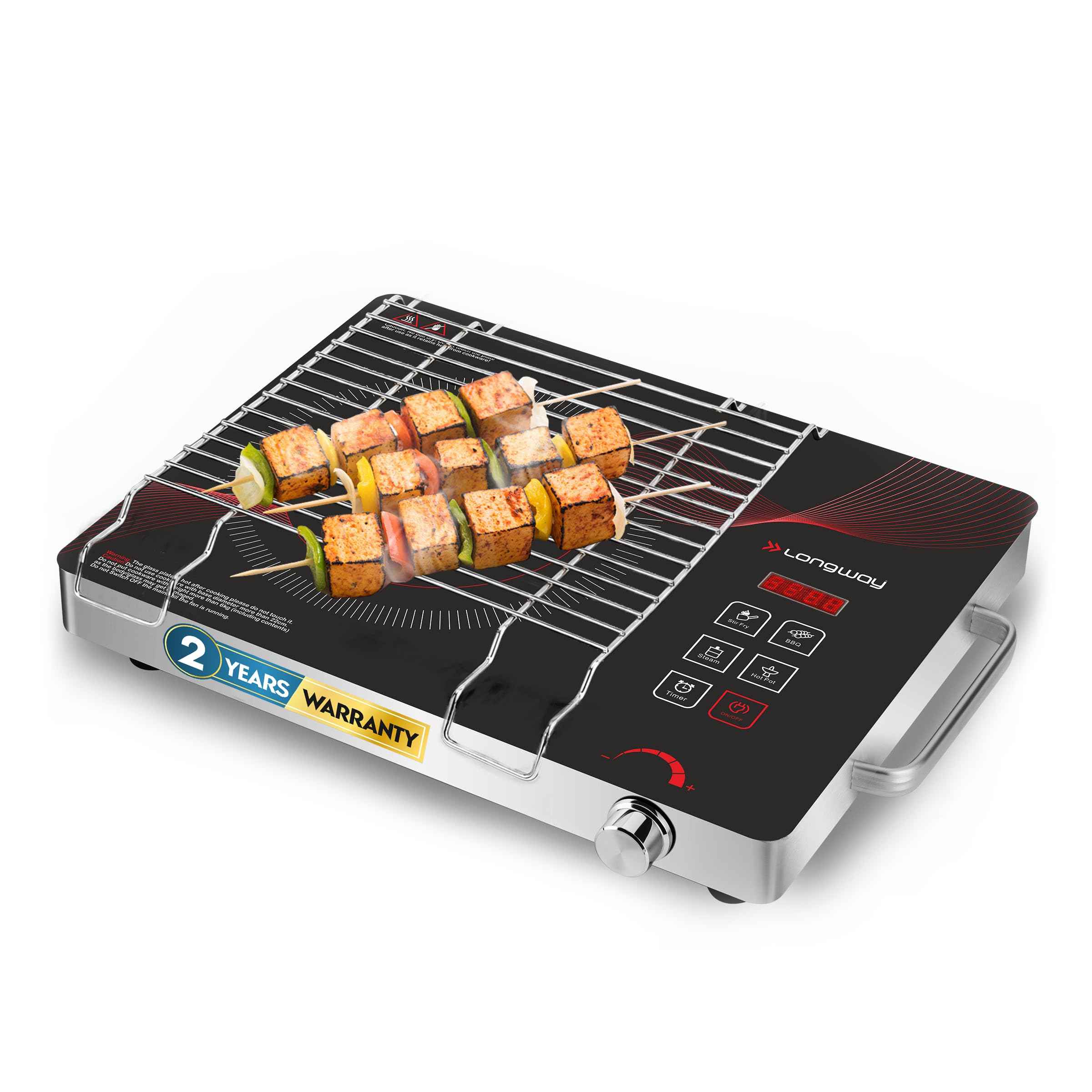 Longway Infralite Pro 2200W Infrared Induction Cooktop with Steel Grill Rack, Crystal Glass Top, Touch Panel & Digital Display, 4 Preset Modes – Stir Fry, BBQ, Hot Pot & Steam, Red-image-22