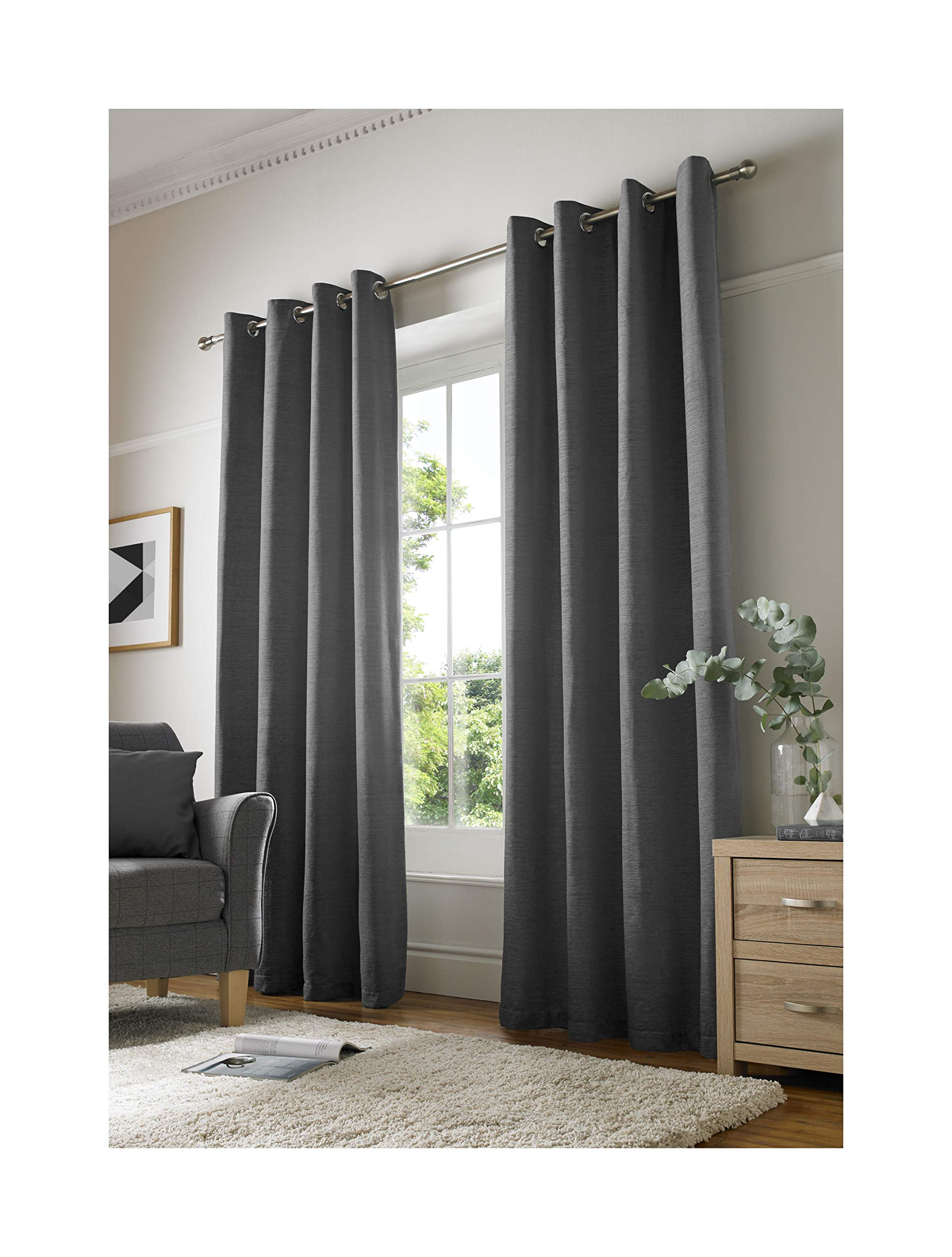 Alan SymondsPlain Chenille Lined Eyelet Ring Top Curtains (66" X 90", Charcoal)