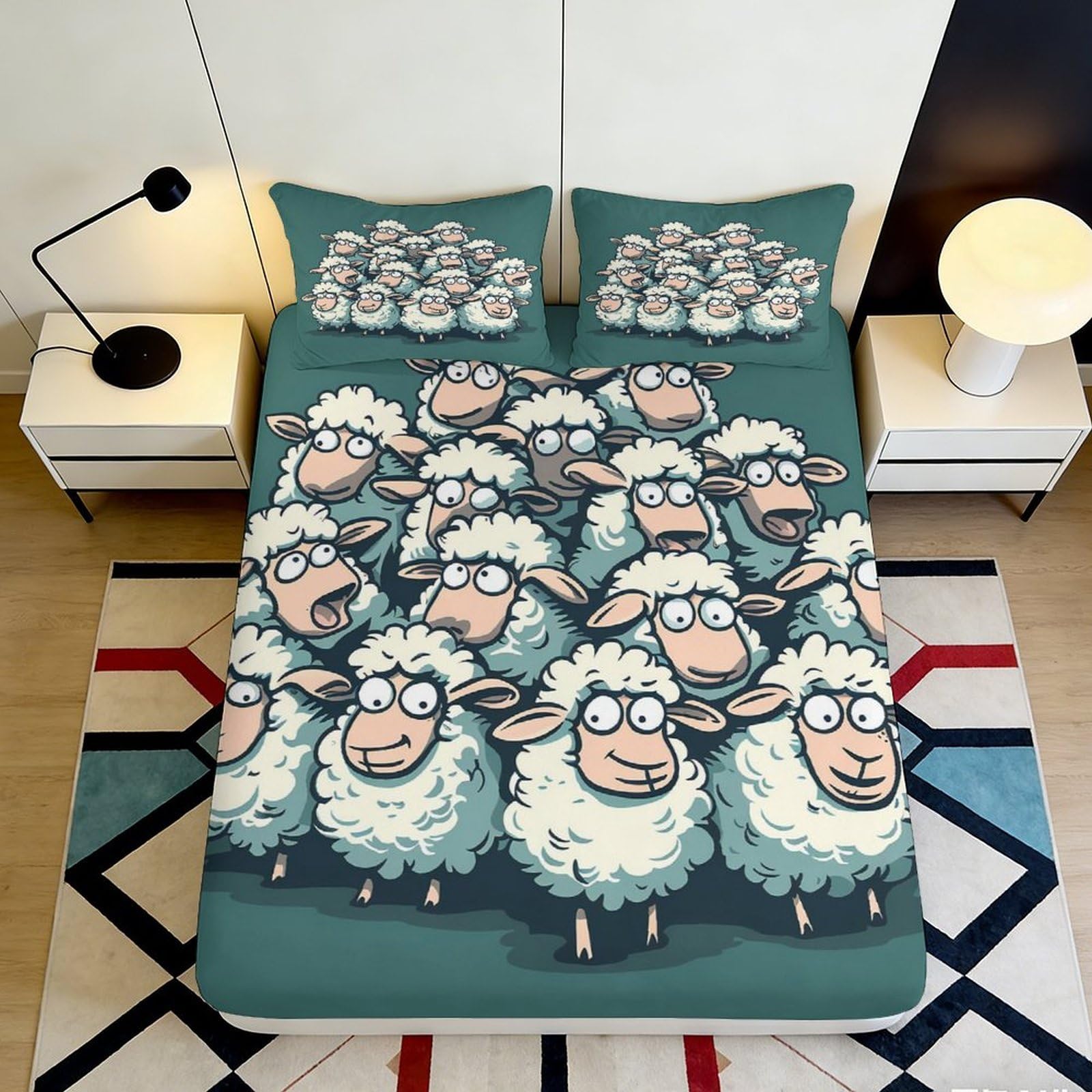 3D Printed Cartoon Sheep Fitted Sheet Microfiber Soft Anti-Slip Animal Mattress Cover for Bedroom Dorm Easy Care 90x200x25cm