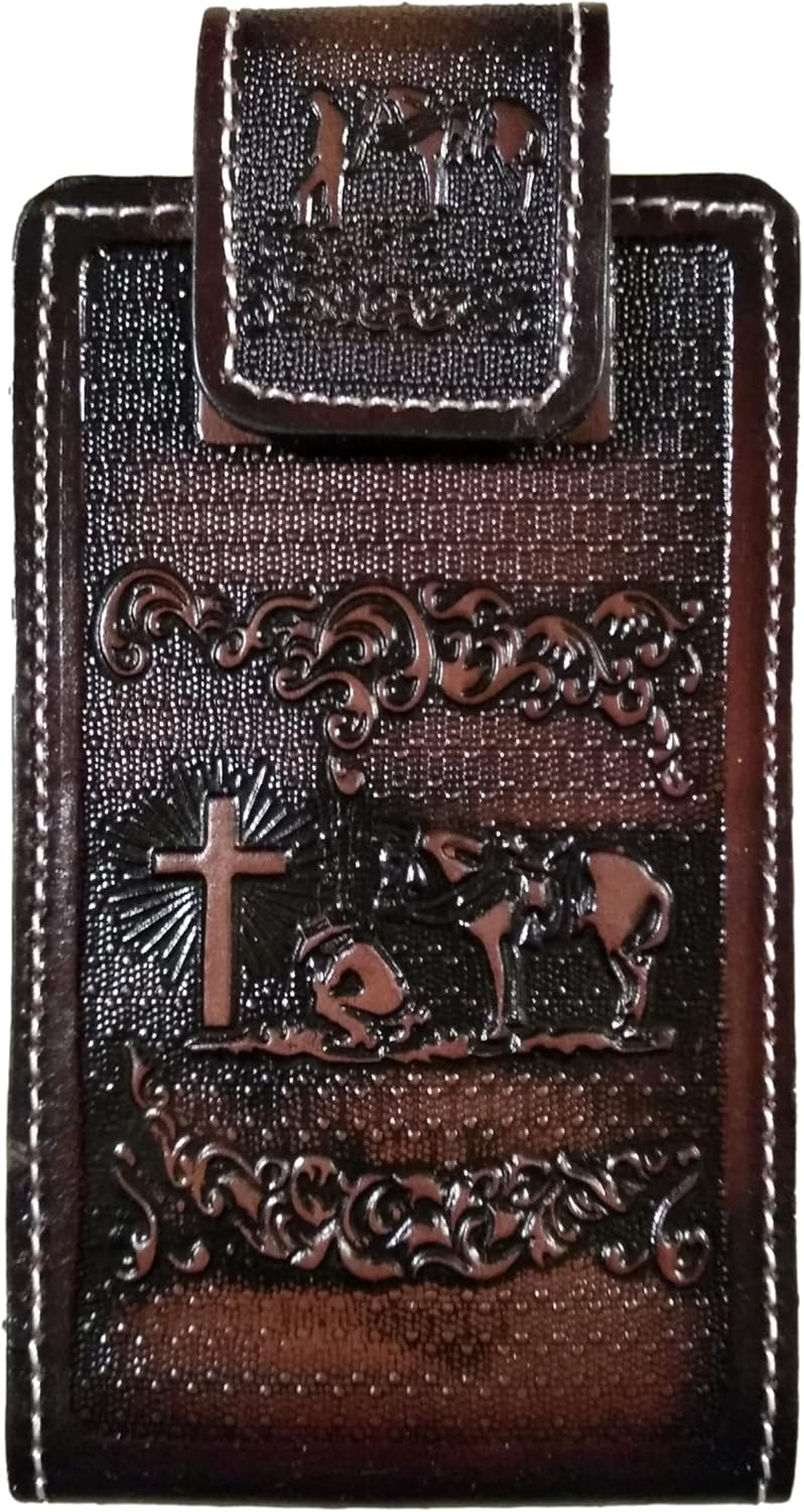 Western autentic Tooled Leather Mexican Cell Phone case for Belt. Men and Horse Pray Design. with Magnetic Closure. Universal Size (Brown)