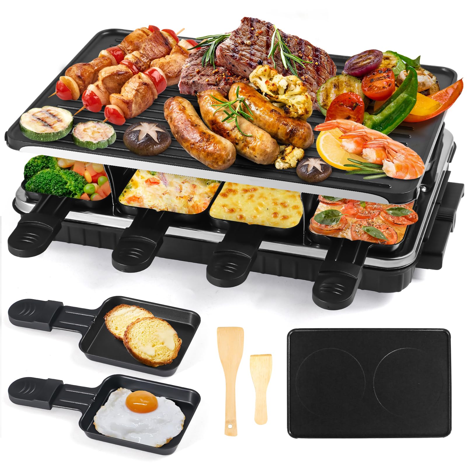 Raclette Grill 8 Person Indoor Grill Machine with 8 Mini Non-Stick Raclette Cheese Pan Electric Crepe Pancake Maker, 8 Wooden Spatulas Electric Barbecue Grills BBQ Health, 1300W