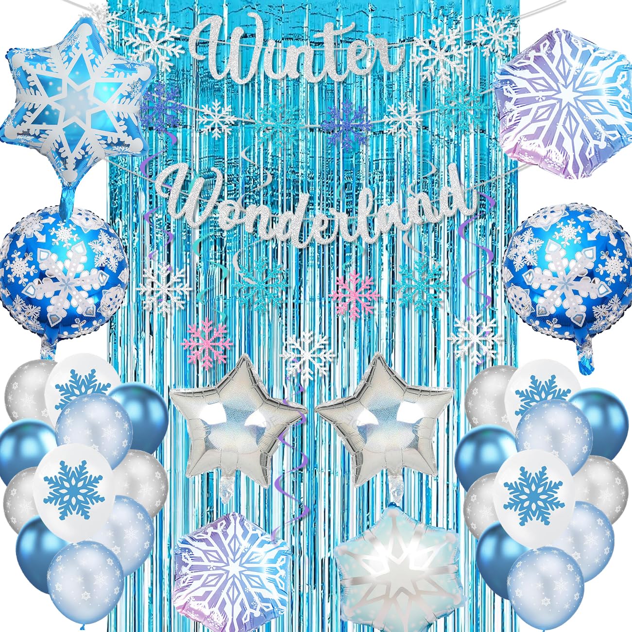 Winter Wonderland Decorations Snowflake Decorations Winter Wonderland Banner Snowflake Balloons Hanging Swirls Decorations Fringe Curtain for Winter Wonderland Christmas Birthday Party Supplies
