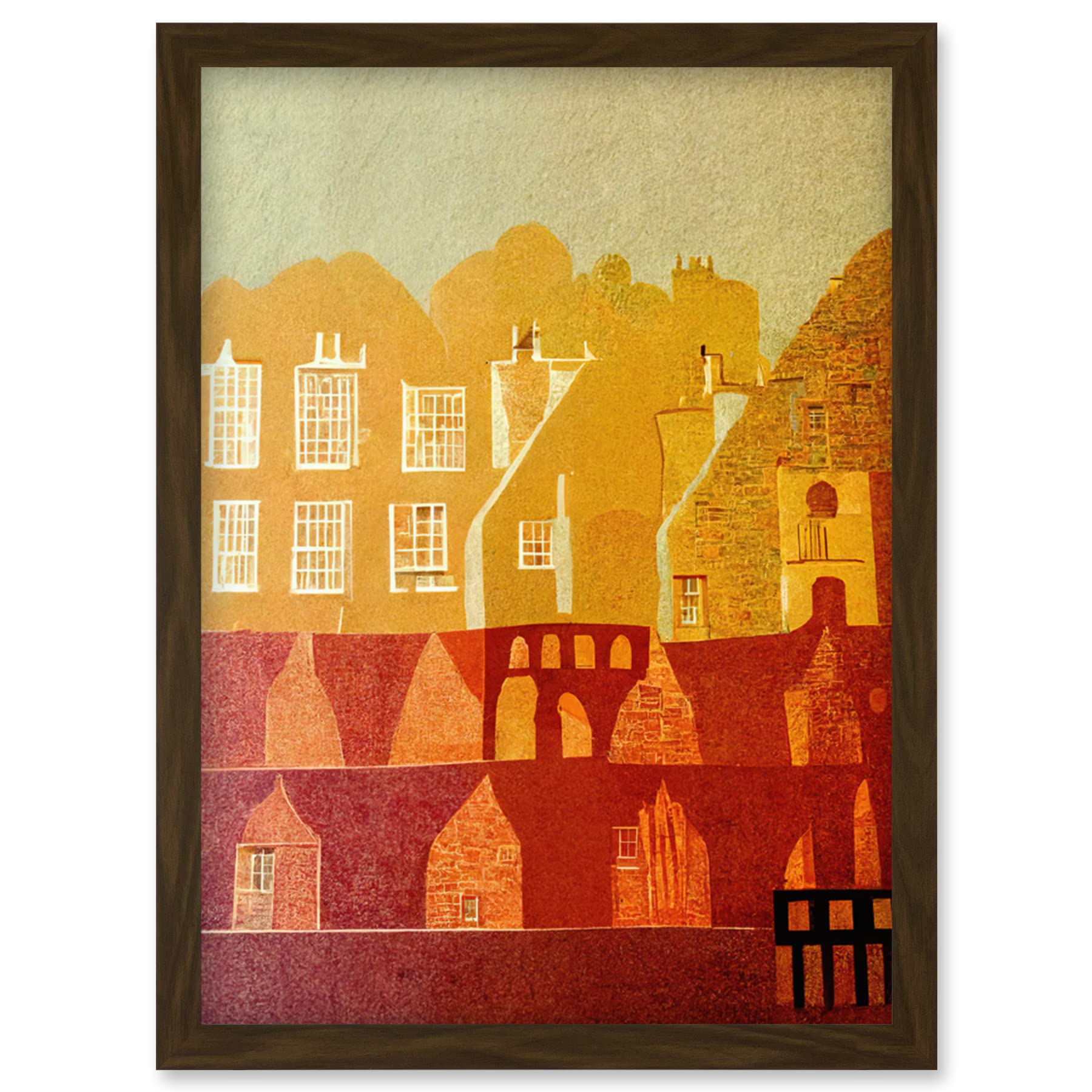 Wee Blue Coo Vintage Folk Art Mid Century Cityscape Abstract Artwork Framed Wall Art Print A4