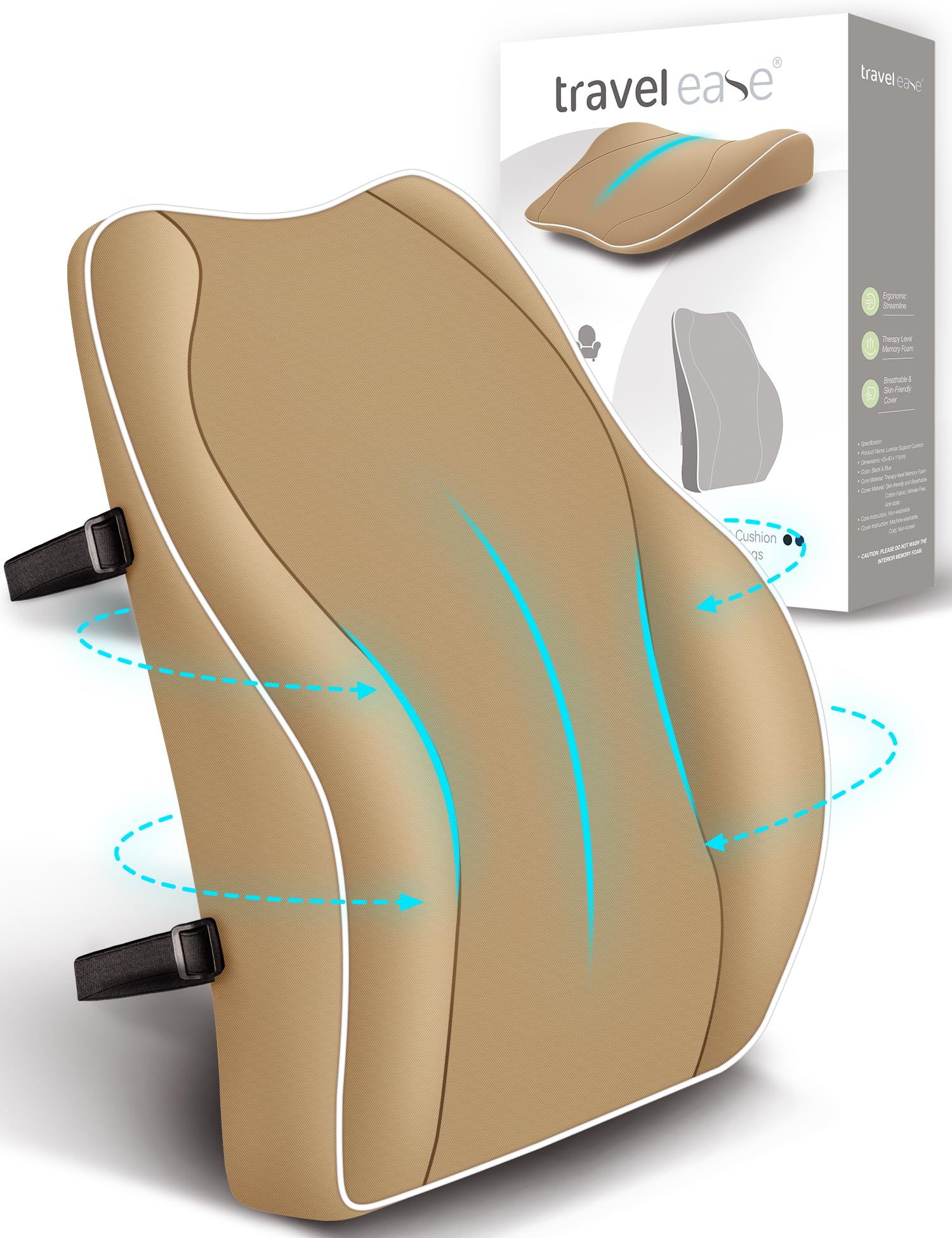 Travel Ease Ergonomisches RückenKissen aus Memory Foam, Lendenkissen für Bürostuhl, Schreibtischstuhl, mit Antistatischem, hautfreundlichem Bezug und für eine Bequeme Sitzhaltung (Khaki)