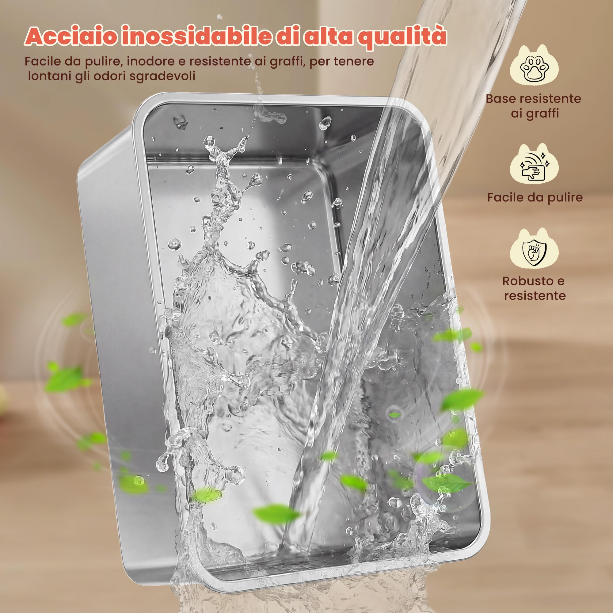 XL Lettiera Gatto Acciaio Inox – Lettiera Gatto Aperta con Bordi Alti & Ingresso Basso, per Gatti Grandi senza Coperchio, Antigocce & Antifuga con Chiusura a Scatto, con Griglia