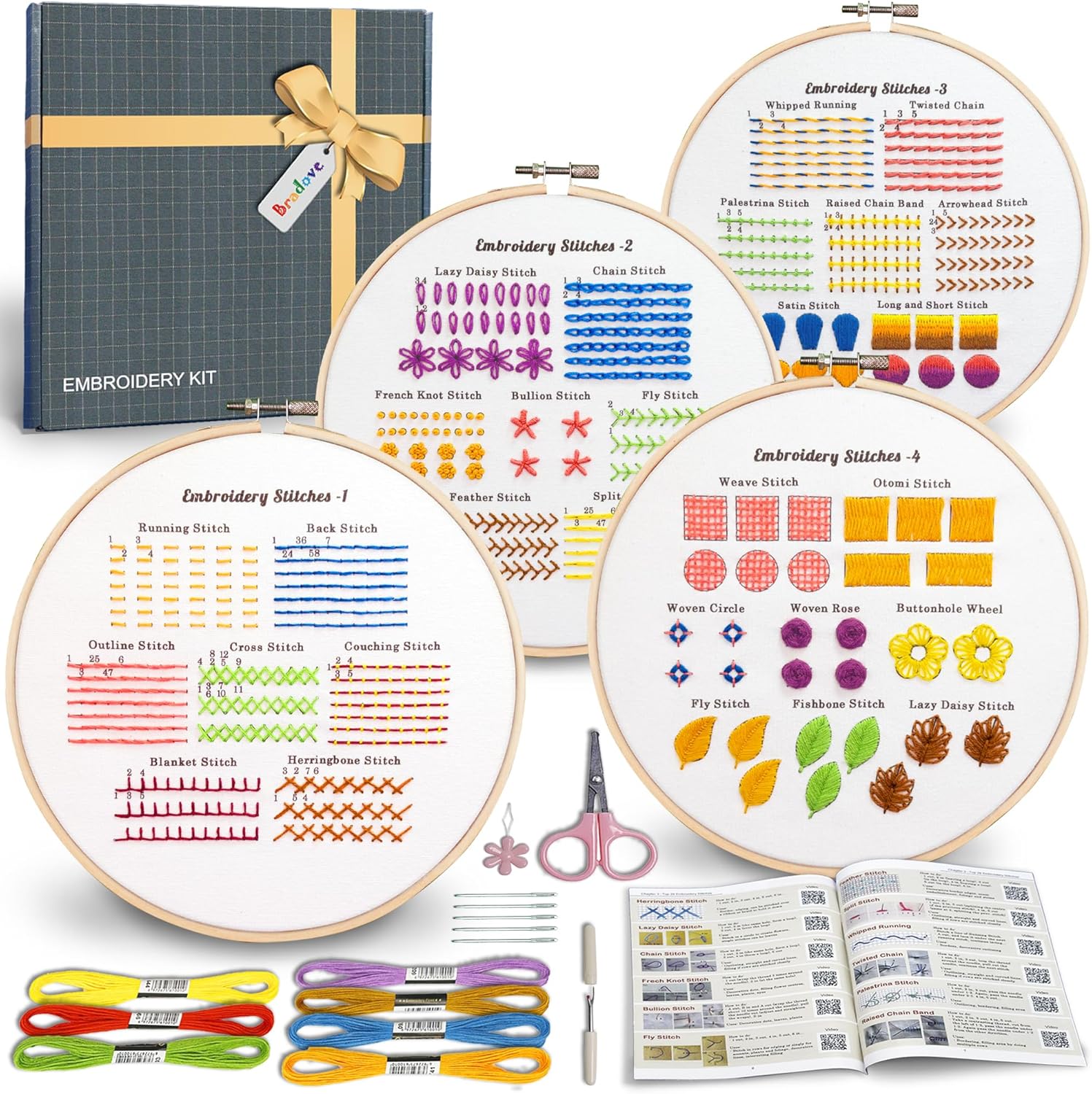 Bradove Classic Embroidery Stitches Practice Kit, Embroidery Kit for Beginners, Beginner Embroidery Kit for Adults, Hand Embroidery Kit for Kids, Stitches Kit A-Learning Stitches