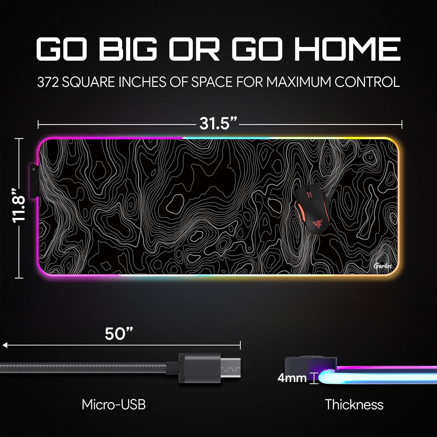 Gerlos RGB Gaming Mouse Pad, Large Extended LED Desk Mat with 12 Light Modes, Non-Slip Rubber Base, Water-Resistant, 31.5×11.8 Inch