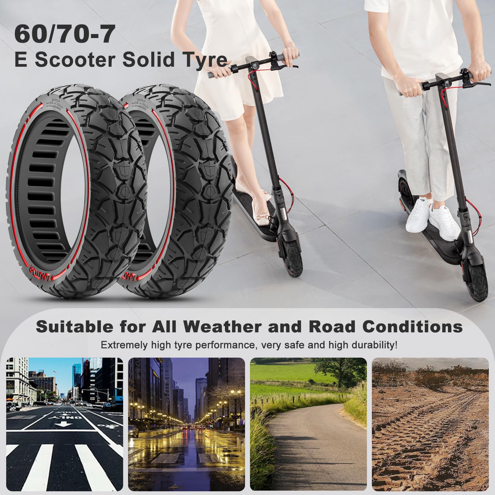 60/70-7.0 Ruota Piena per Xiaomi 4 Pro Monopattino Elettrico, Gomma Piena Monopattino 10 Pollici, Off-Road Ruote Monopattino Elettrico Antiforatura (Fessura 48.5), 2PCS