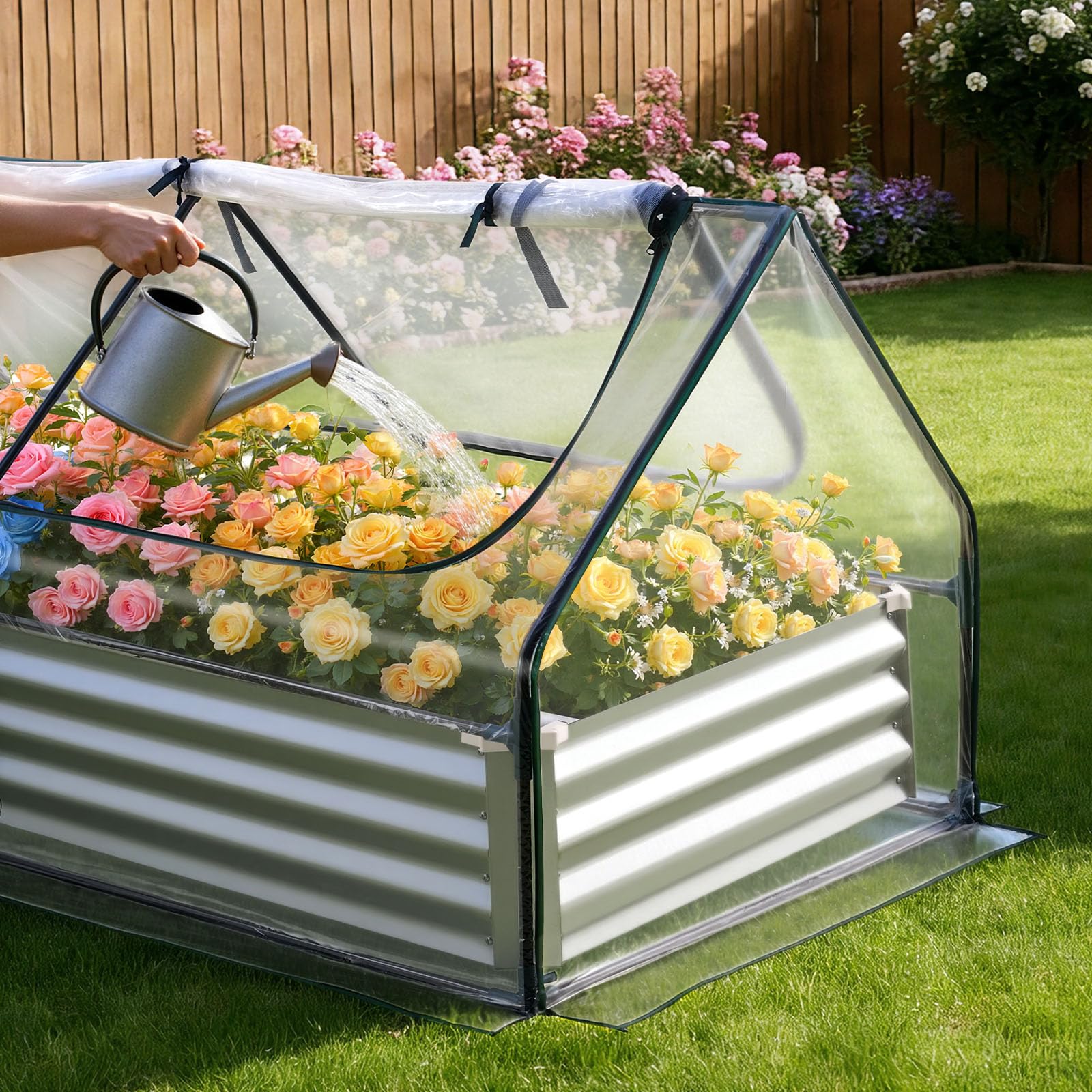 VEVOR Fioriera Rialzata con Copertura 1800x900x300 mm, Aiuola Rialzata Rettangolare per Giardinaggio in Metallo da Esterno Fioriera Serra per Coltivazione Fiori Verdure Piante Orto Giardino