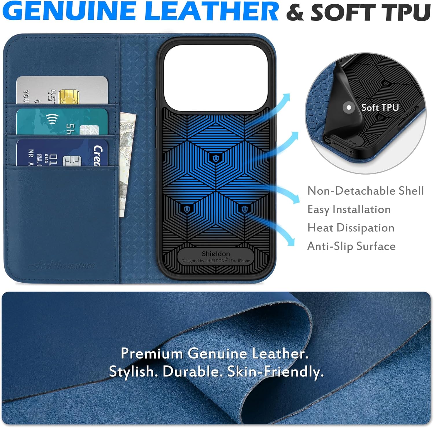 SHIELDON Real Leather Case Walllet for iPhone 17 Pro 6.3-inch 2025 | Foldable Magnetic Closure | RFID Blocking Credit Card Holder | Kickstand | Shockproof Protective Cover | Royal Blue