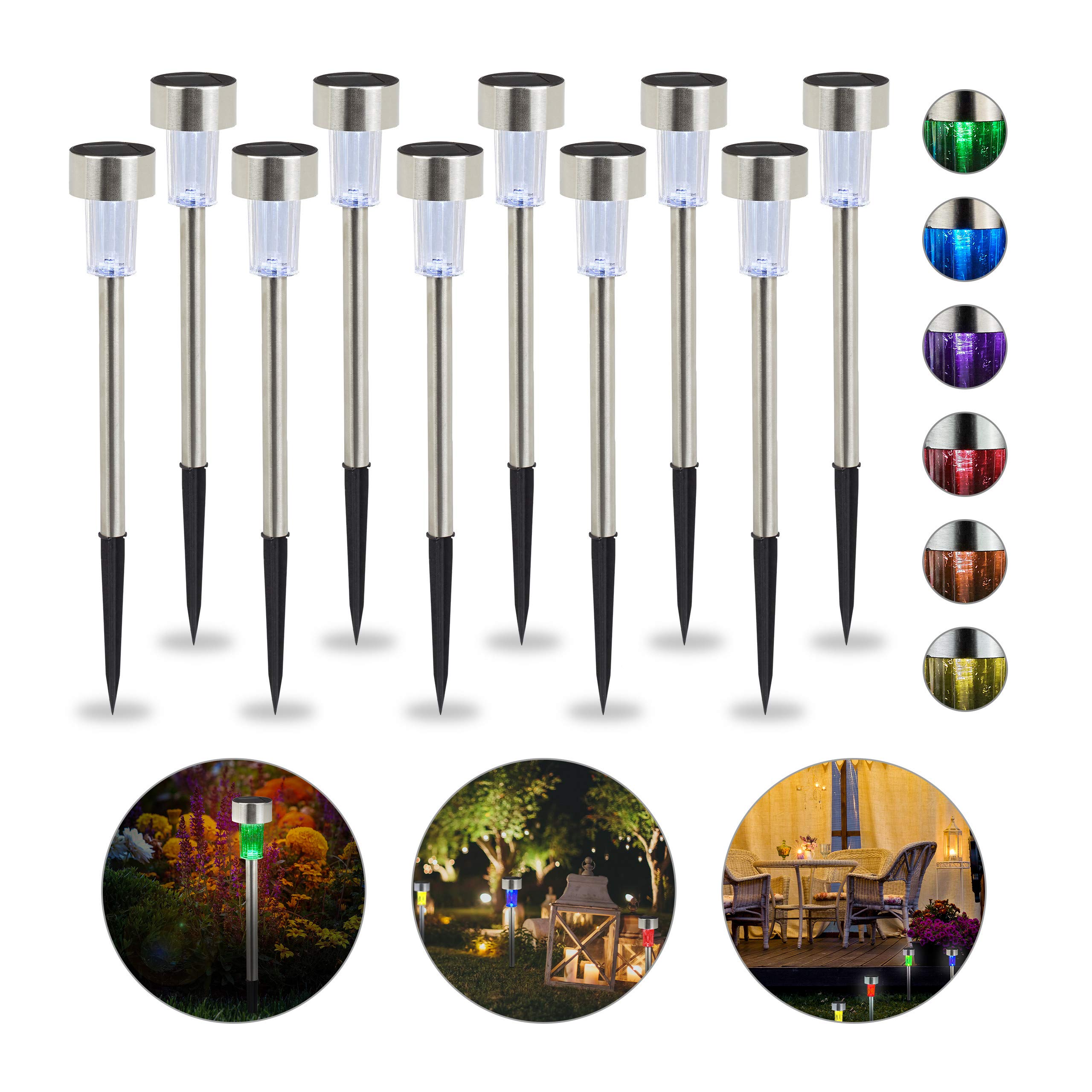 Relaxdays 40 x lampa solarna, wodoszczelna lampa solarna LED, do ogrodu i na taras, zmiana koloru, stal nierdzewna, oświetlenie dróg, srebrne