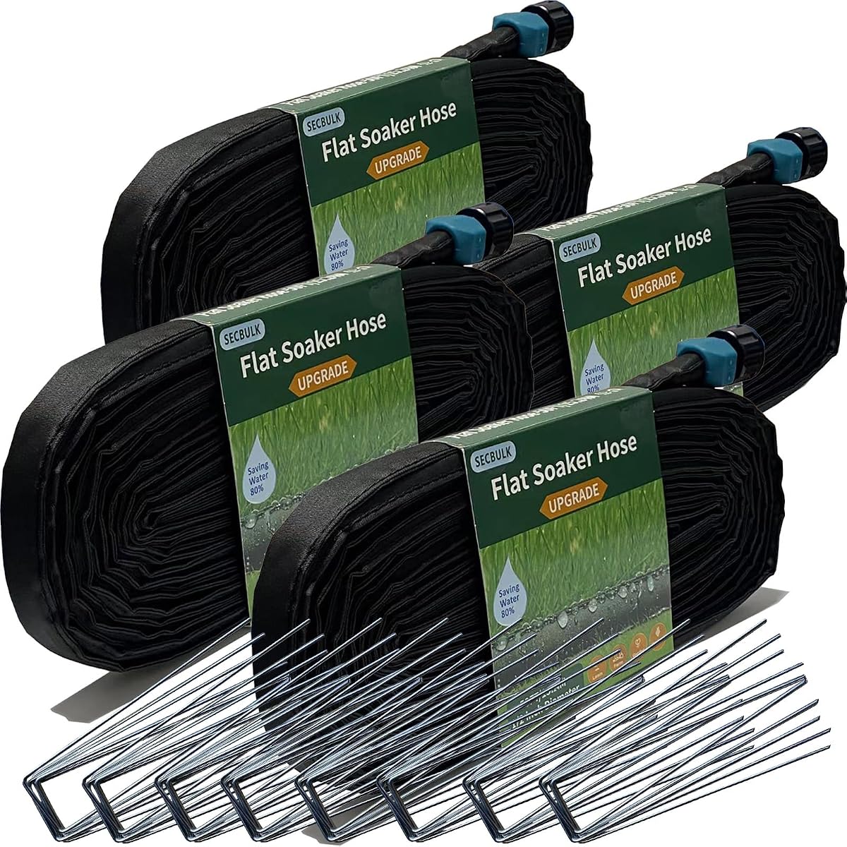 Secbulk 2026 Flat Soaker Hose 200 ft with Stakes for Garden, 50ft x 4 Linkable Drip Hose Diy Garden Irrigation System Saving 80% Water, Dual-layer Leak-free Design Water Hose with Holes