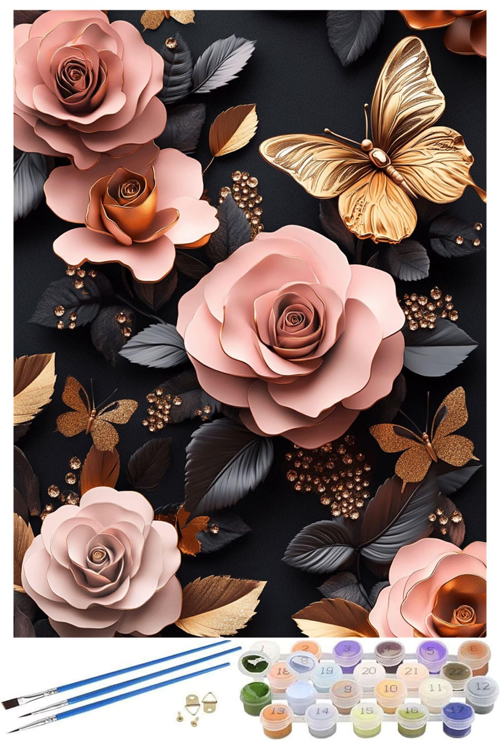 Malen Nach Zahlen Erwachsene Rose Paint by Numbers Schmetterling Malen Nach Zahlen Kinder, 70x90cm Knitterfreie Leinwand Ölgemälde Set mit Pinsel und Acrylfarbe, Wanddeko, Geschenke für Frauen -1119