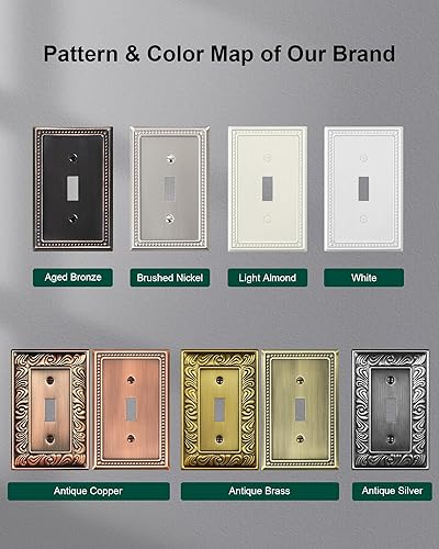 Miniatura 8 de Paquete de 4 placas de cubierta para interruptor de luz de palanca individual, cubiertas decorativas de perlas, placa de pared de metal almendra