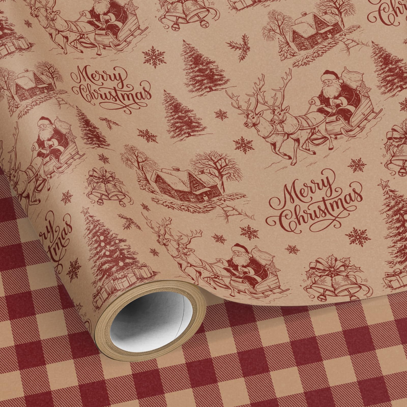 Neloheac Kraft Red Christmas Wrapping Paper Roll 43CM x 10M Reversible
