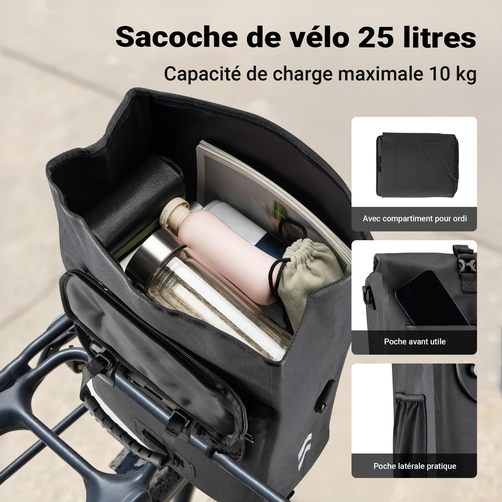 Wiltec Sacoche sac à dos étanche pour porte-bagages noire – capacité de 25 L – en 600D TPU – avec compartiment pour ordinateur portable – pour vélos et vélos électriques – Sac de bicyclette – Cyclisme